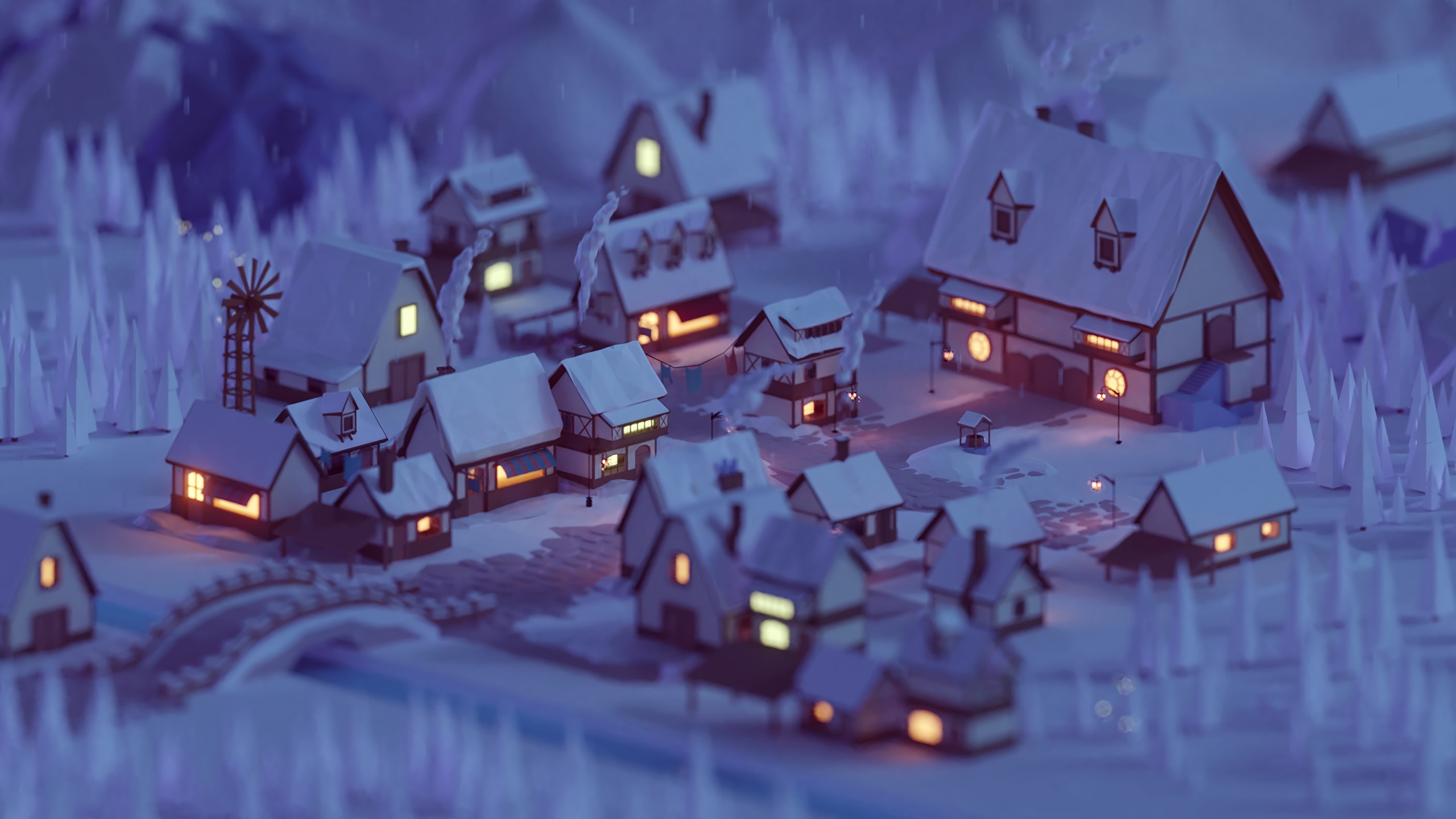 Low Poly Winter Village [2560x1440]
