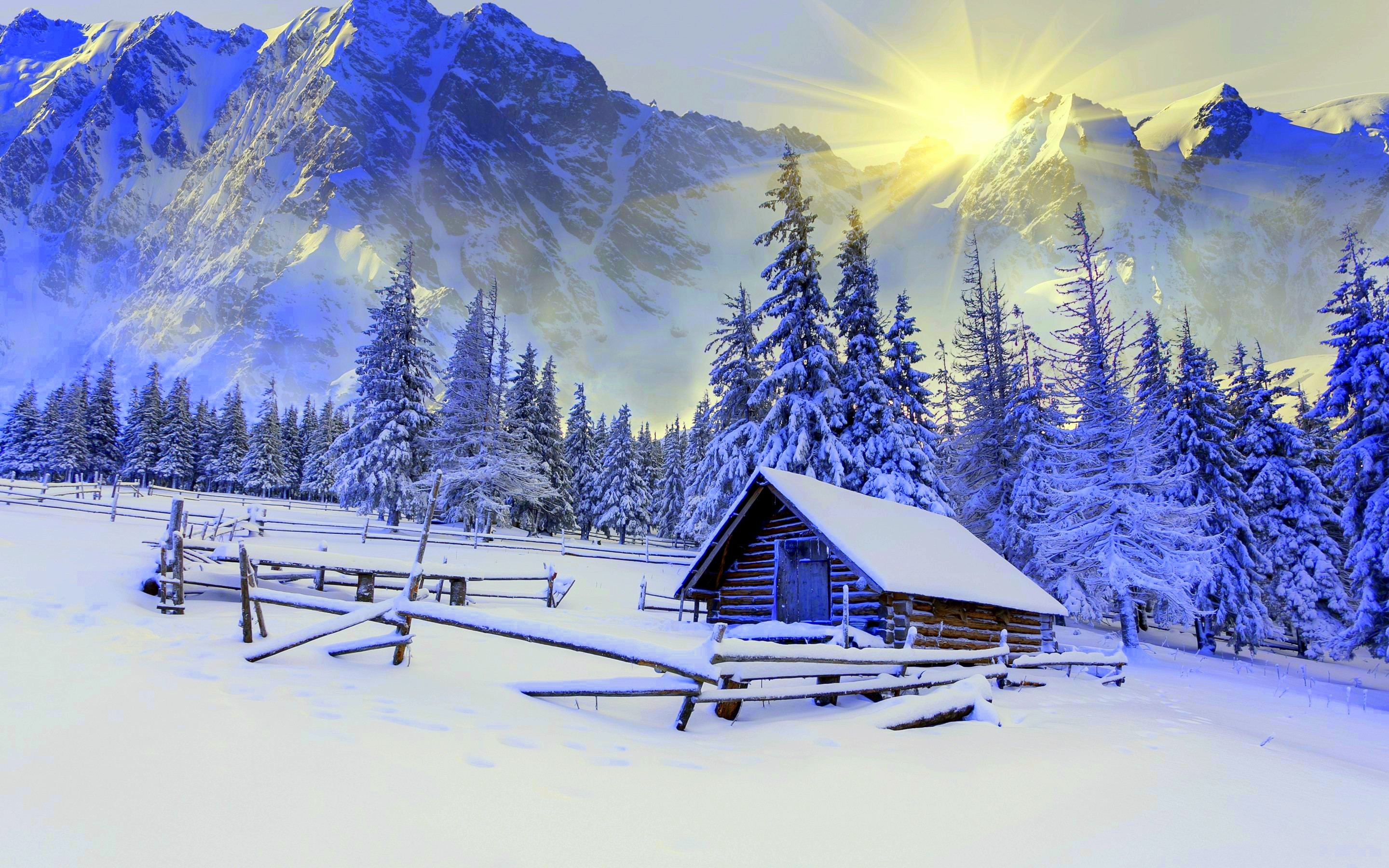 Desktop wallpaper: Cabin, Winter, Photography, Forest, House, Landscape, Mountain, Snow, Sun, Sunshine, Tree 4K free download for PC. 741281