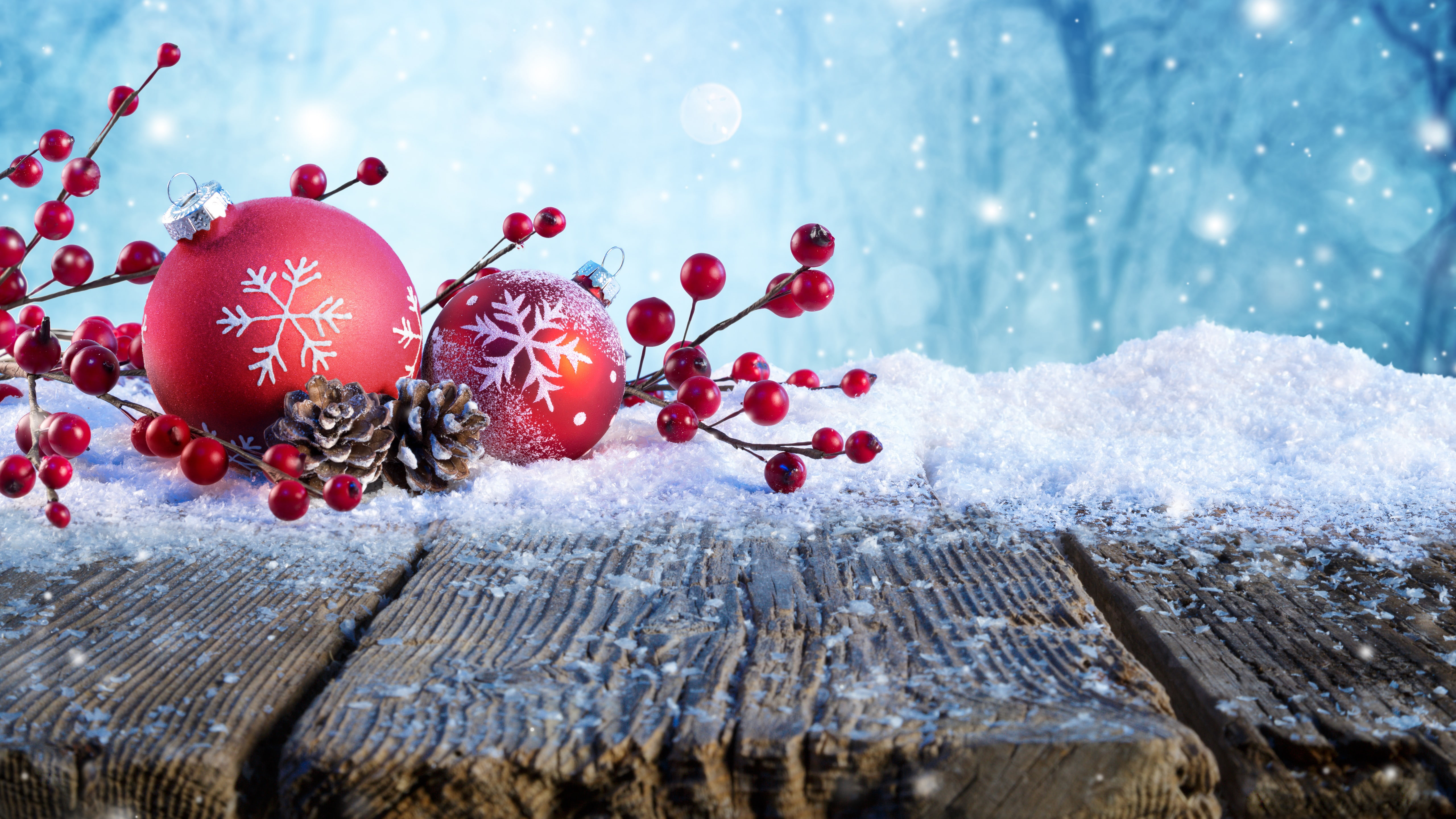 Red Bauble Snowflake Christmas Ornaments Snow Blue Background 4K 5K HD Christmas Wallpaper