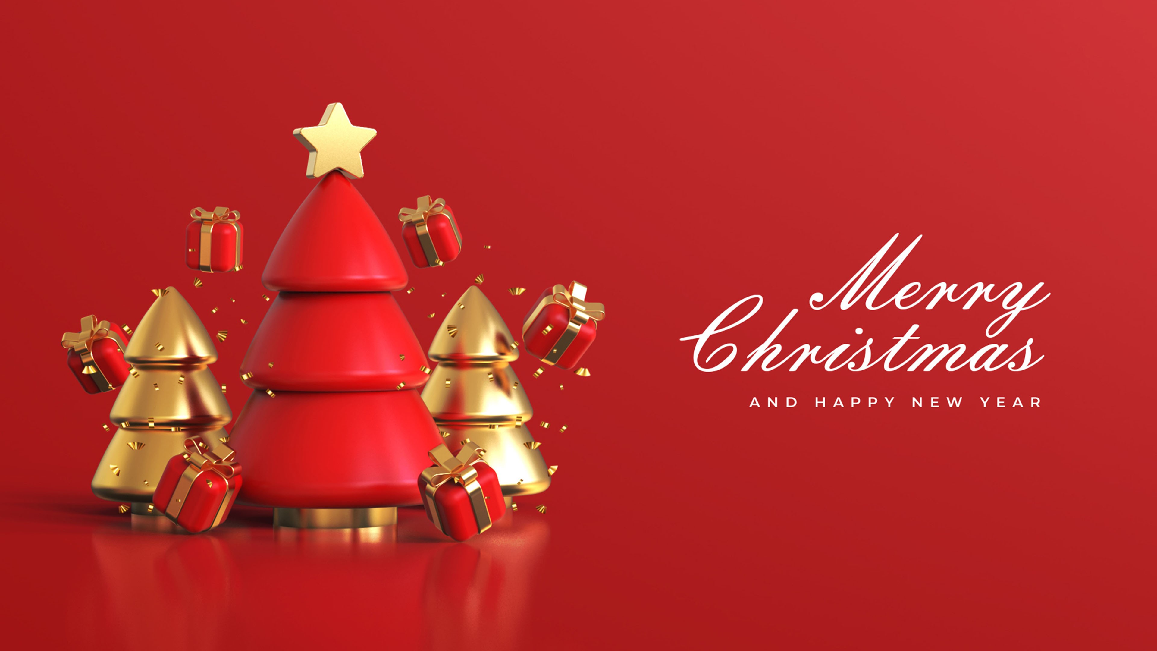 Golden Red Christmas Tree Gift Boxes Star Red Background 4K HD Christmas Wallpaper