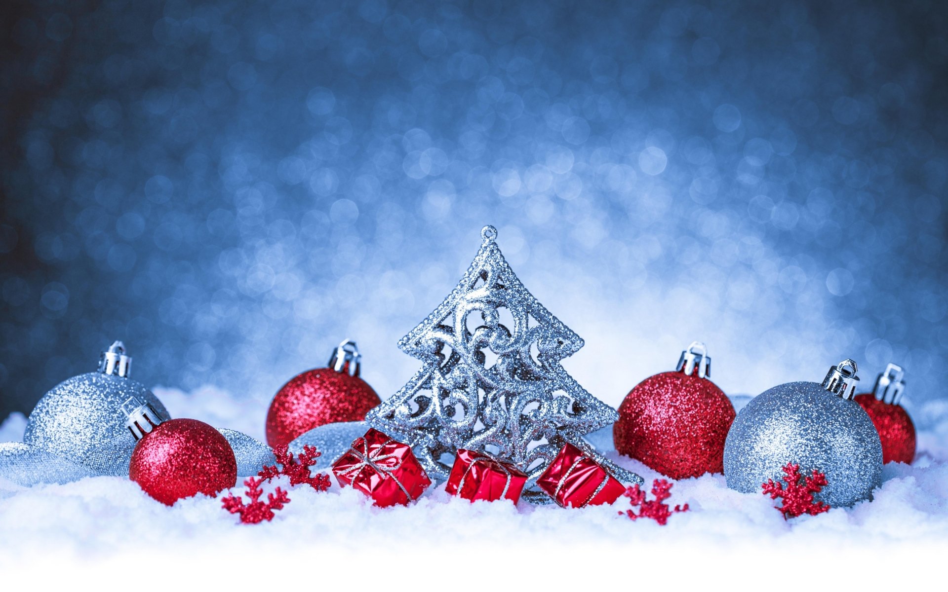 Silver & Red Christmas Bokeh: Festive Ornaments and Holiday Snow HD Wallpaper