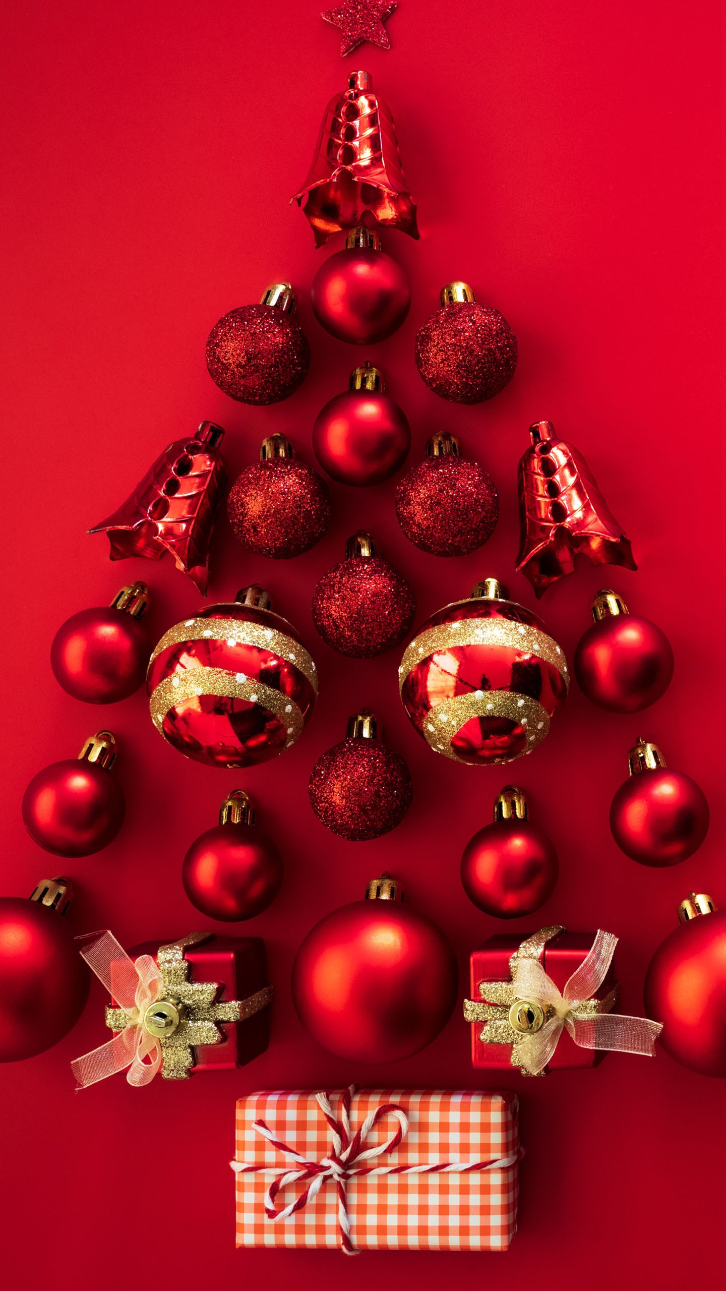 Red Glitter Christmas Balls Gift Boxes In Red Background 4K 5K HD Christmas Wallpaper