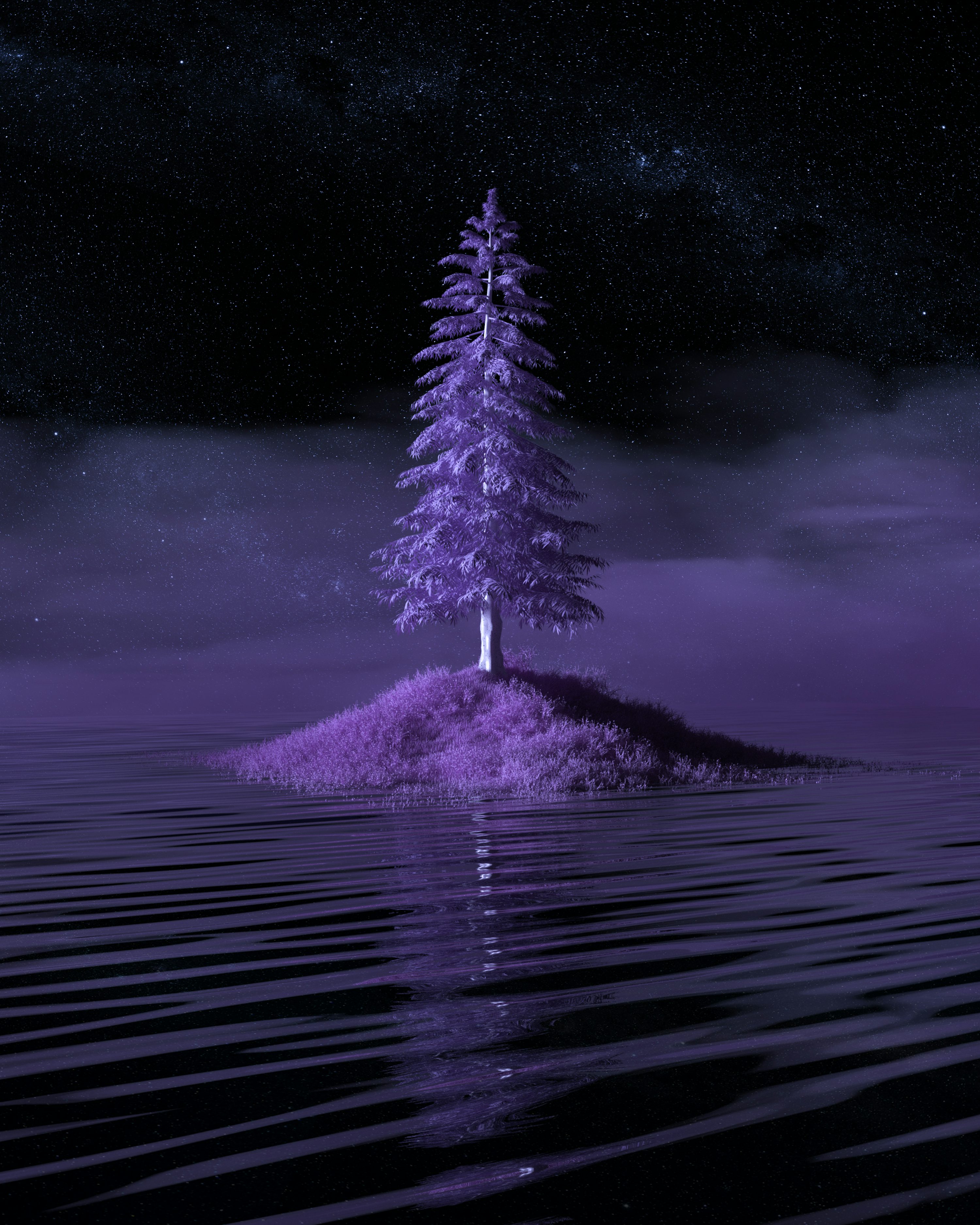 A purple tree sitting on top of a small island photo