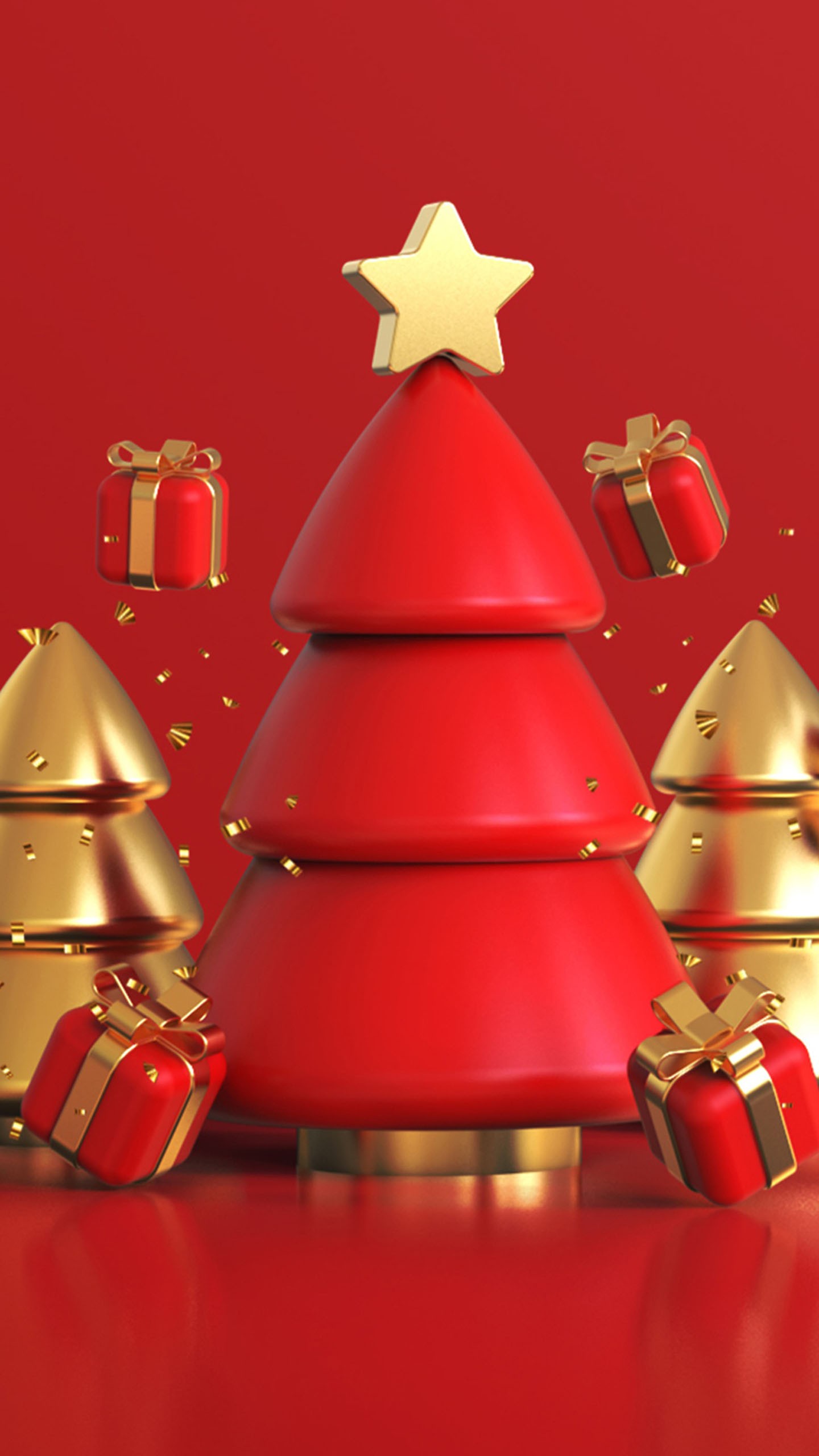 Golden Red Christmas Tree Gift Boxes Star Red Background 4K HD Christmas Wallpaper