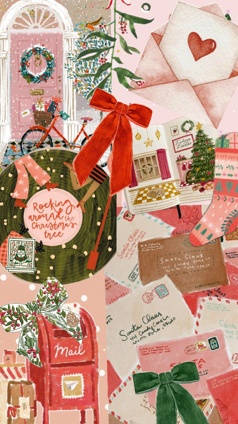 Holiday Letters & Pink Door Christmas Collage Wallpaper for iPhone