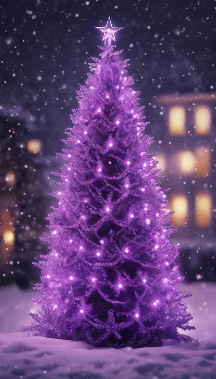 A minimalist Christmas tree composed of purple LED lights set against a snowy backdrop. Wallpaper [3931d922cf6149c88aed]