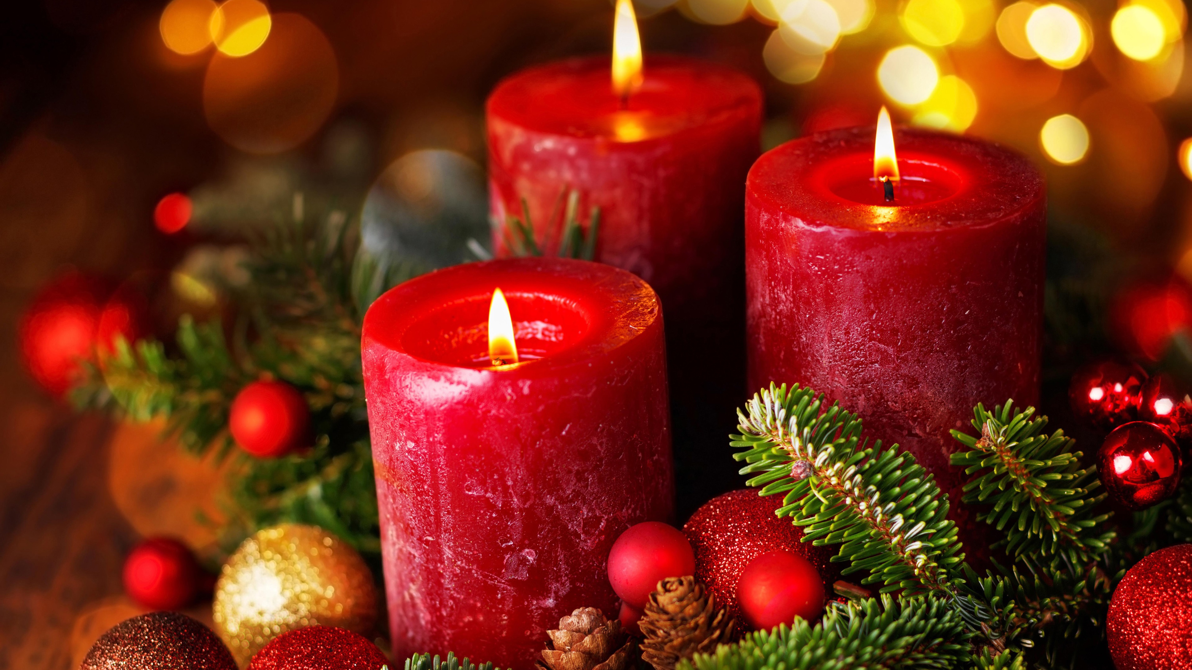 Wallpaper Christmas, New Year, balls, red candles, flame 3840x2160 UHD 4K Picture, Image