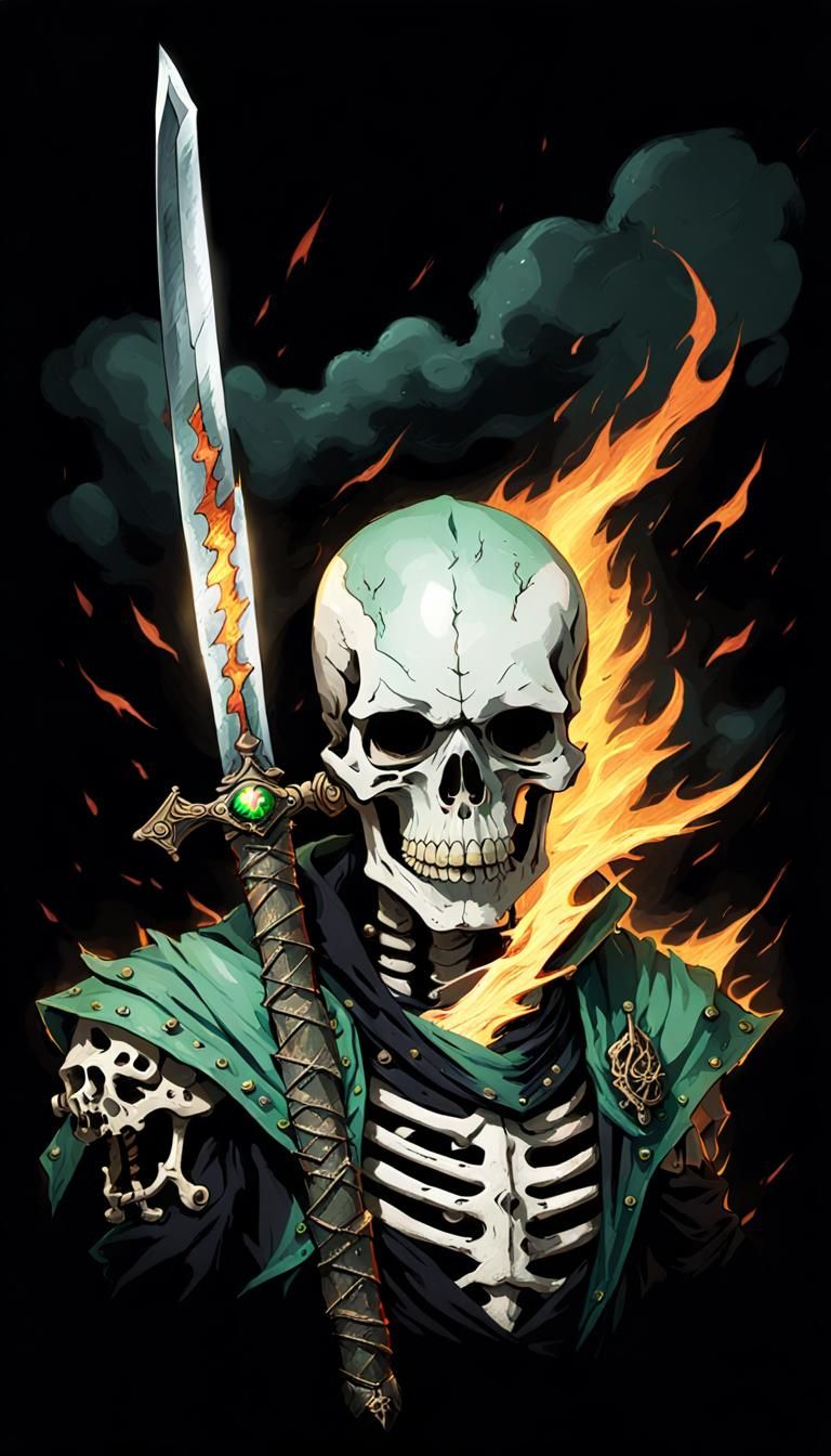 Skeleton Warrior in Stormy Seas with Green Flames