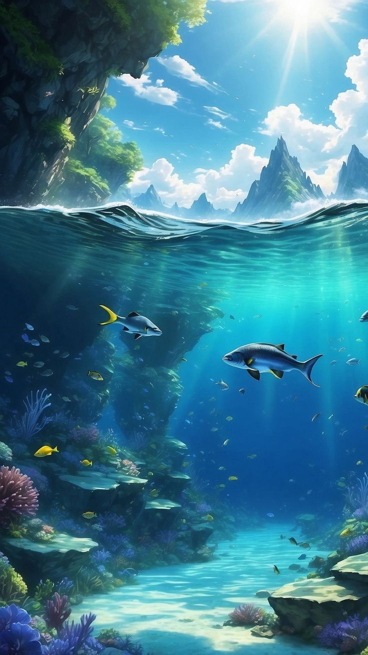 Wallpaper sea, underwater, fish, mountains, sky, sun, AI 4K by ♤CRISTIAN♧¿. Download wallpaper sea, underwater, fish, mountains, sky, sun for free