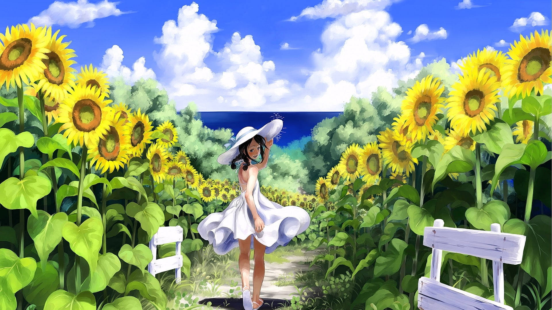 Download Anime Sunflower Field Laptop Wallpaper