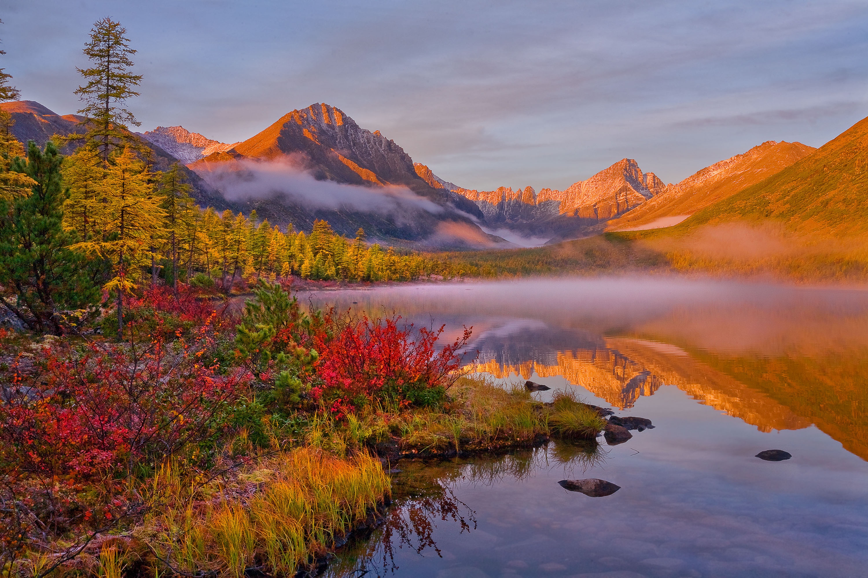 Wallpaper autumn, clouds, landscape, mountains, nature, fog, lake, reflection for mobile and desktop, section пейзажи, resolution 3000x2000