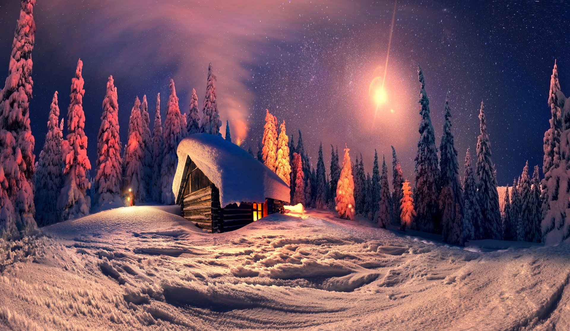 Winter Night Cabin in Forest Ultra HD Wallpaper