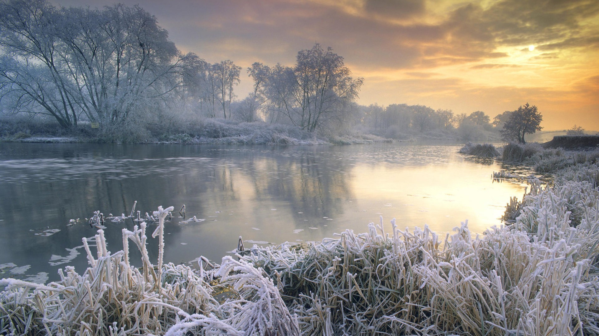 Winter Landscape Of The River And Frost Covered Trees