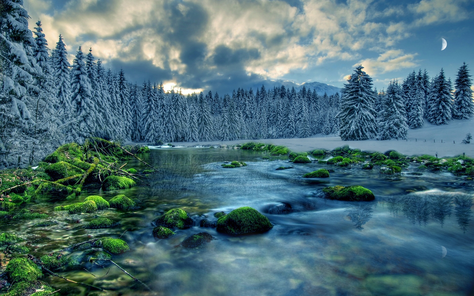 Wallpaper Winter landscape, river, forest, trees, sky, clouds, snow 1920x1200 Picture, Image