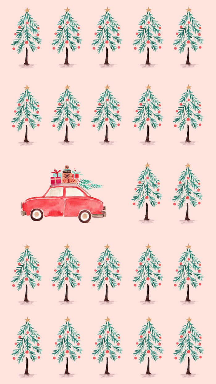 Download A Pink Background With A Red Car And Christmas Trees Wallpaper