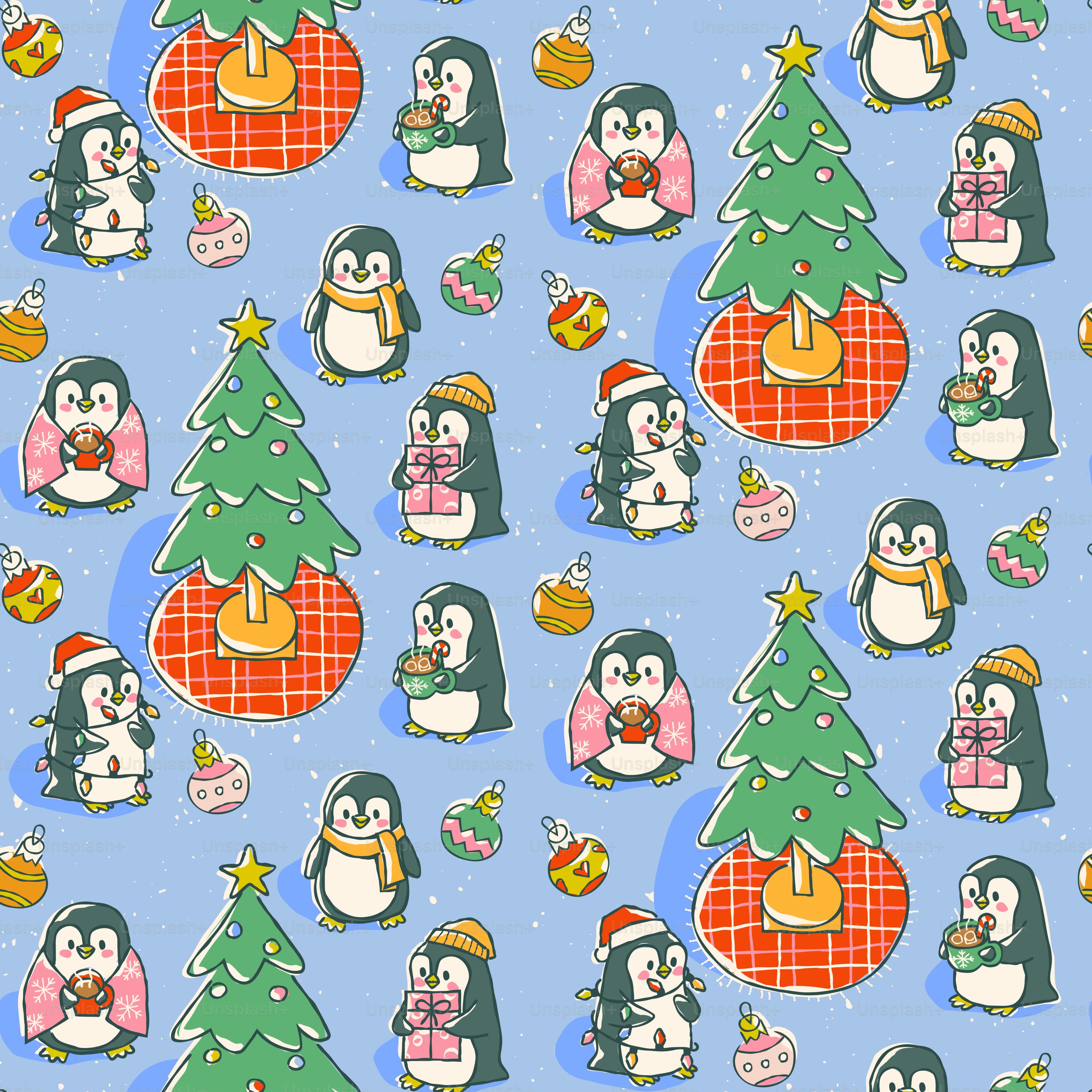 Christmas penguins with trees and gifts on blue background vector