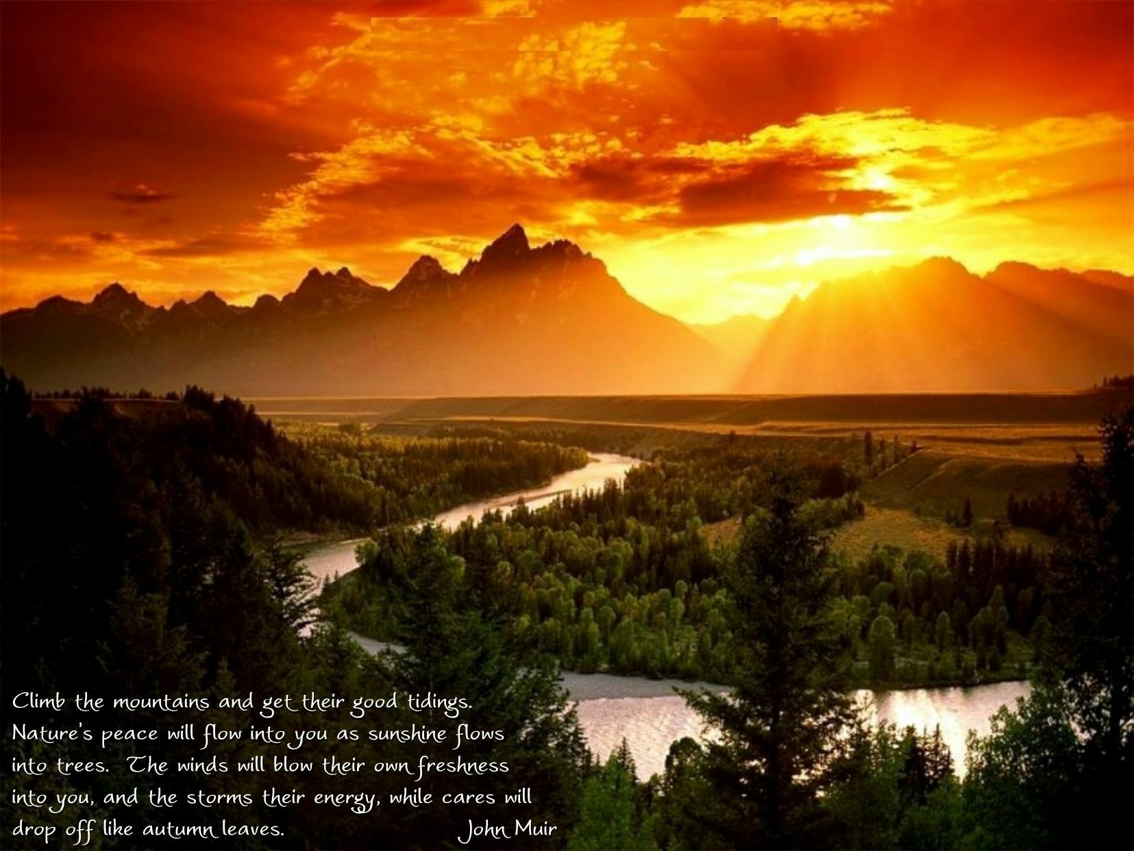 Sunset Serenity: Mountain Rivers and Timeless Wisdom HD Wallpaper