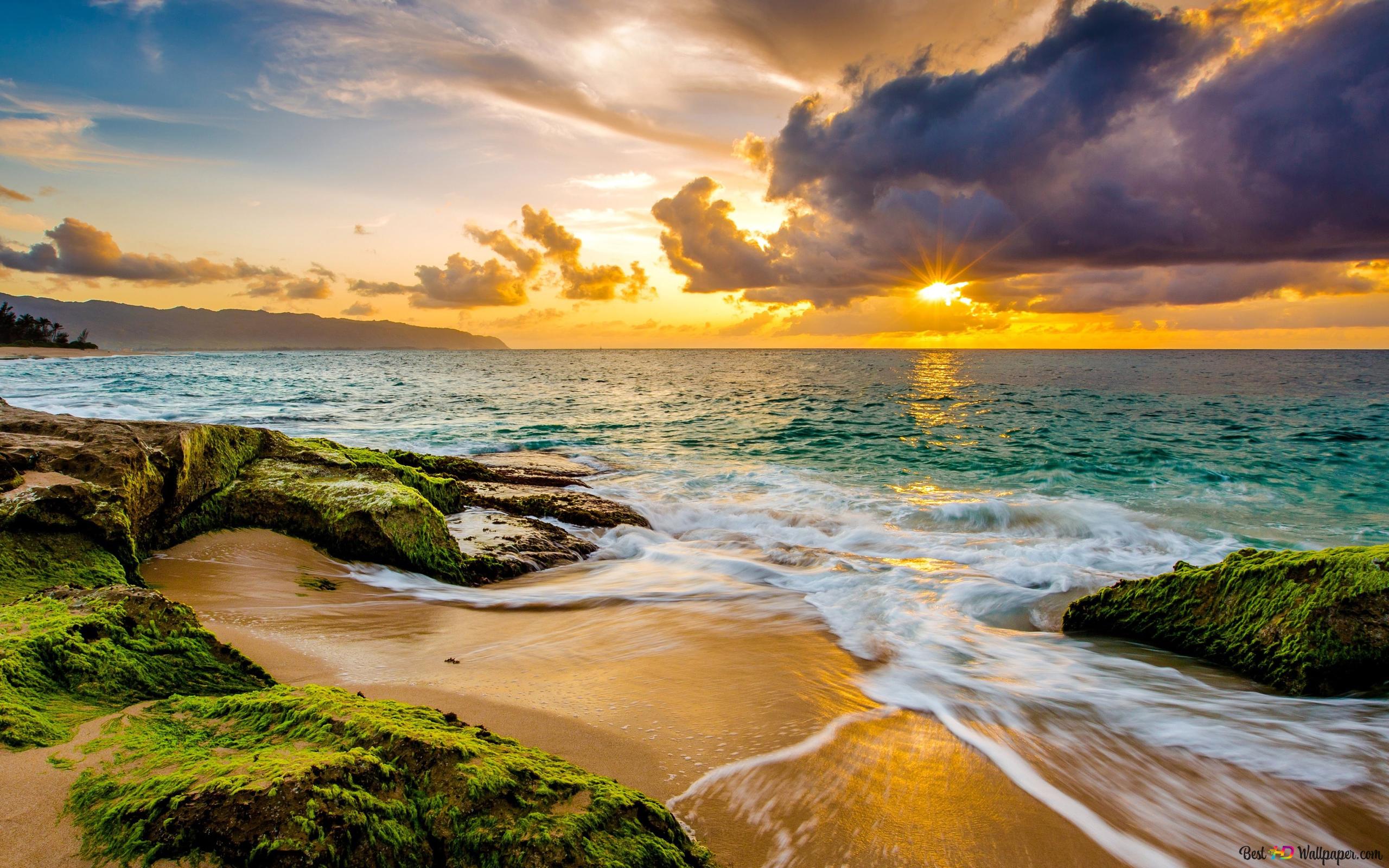 Sea waves and majestic landscape at sunset 4K wallpaper download