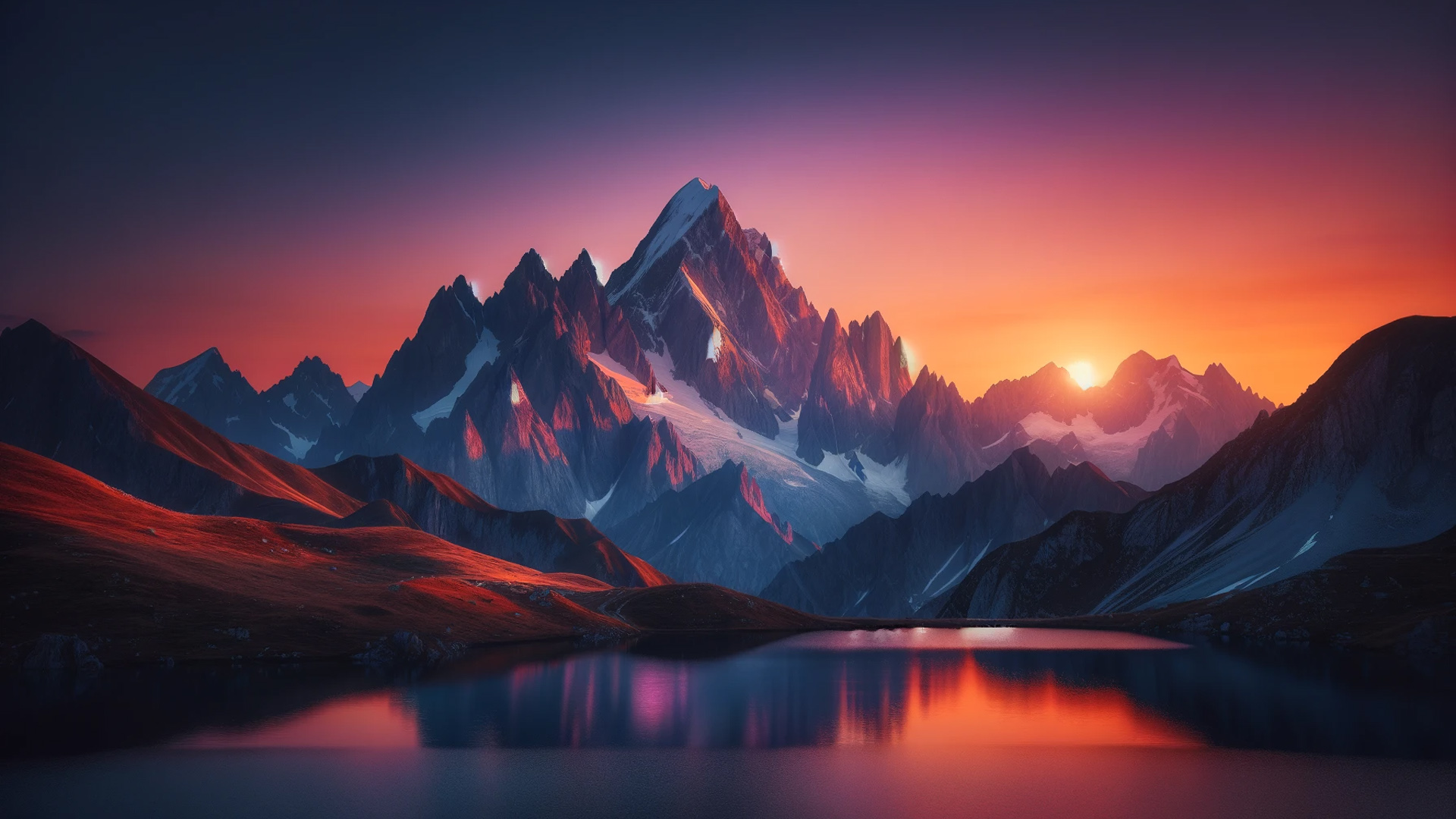 Majestic Mountain Range At Sunset Sky Painted In Hues Of Orange Pink And Purple Snow Capped Peaks Reflecting The Fading Light On Water HD Nature Wallpaper
