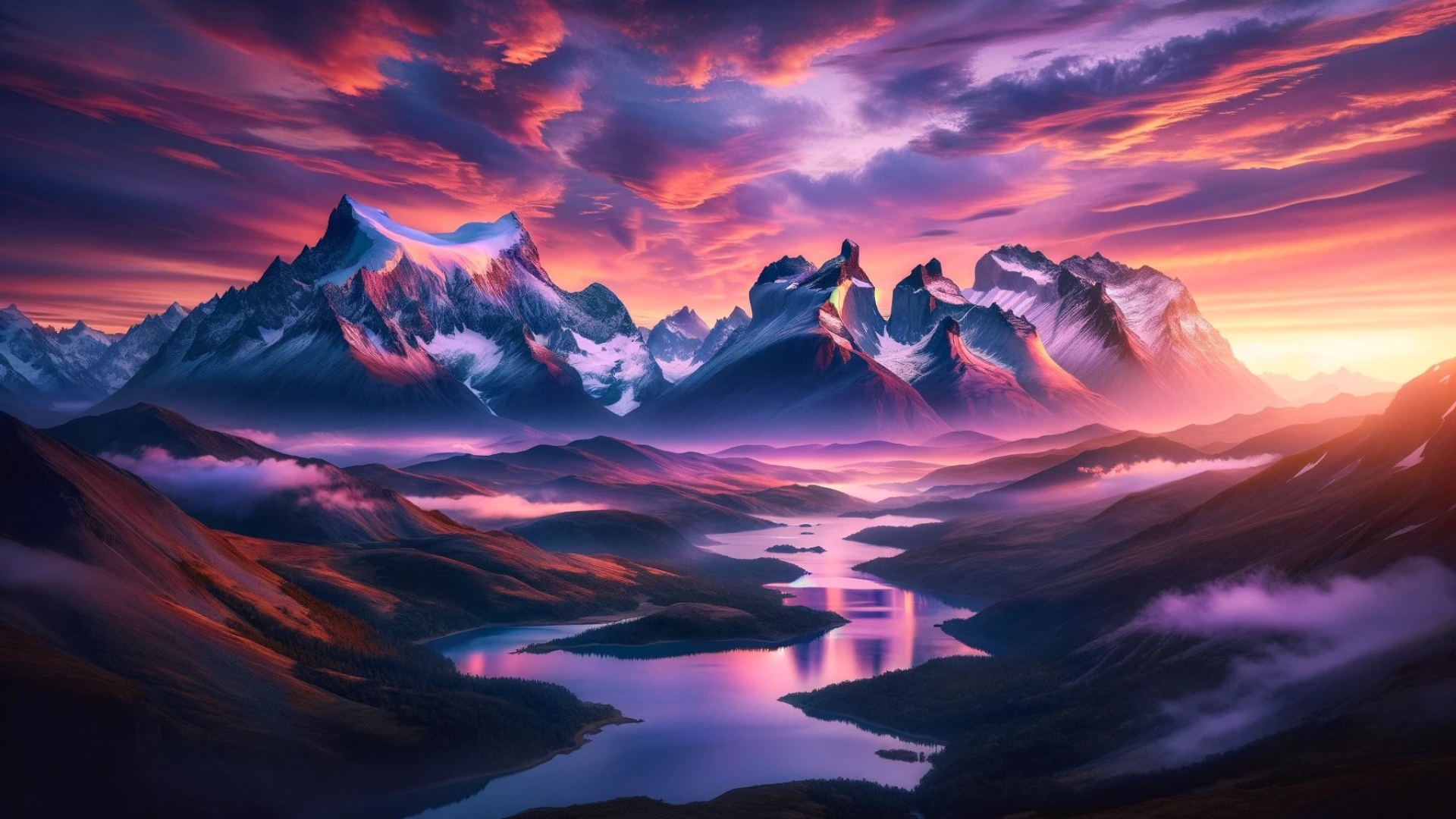 Majestic Mountain Range During Sunrise Featuring Snow Capped Peaks Under A Sky With Hues Of Pink, Orange, And Purple Valley HD Nature Wallpaper