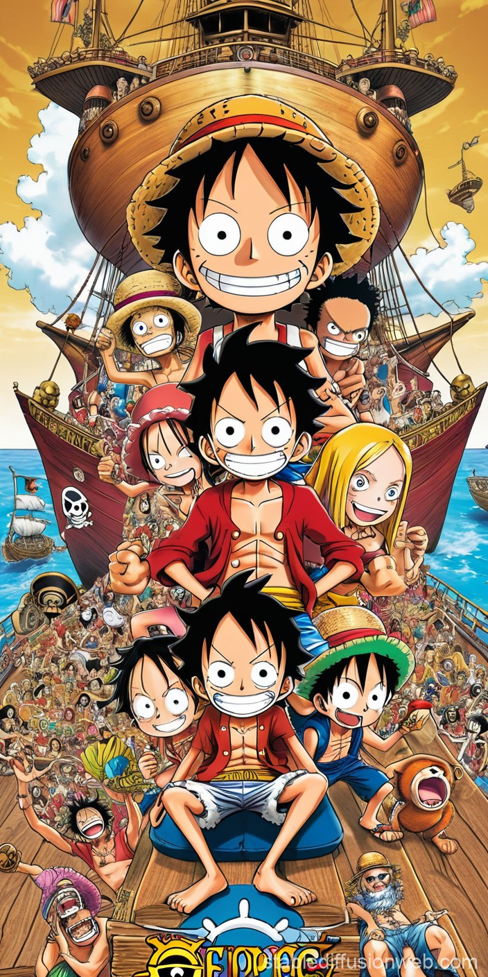 One Piece Characters with Ship and Luffy Wallpaper. Stable Diffusion Online