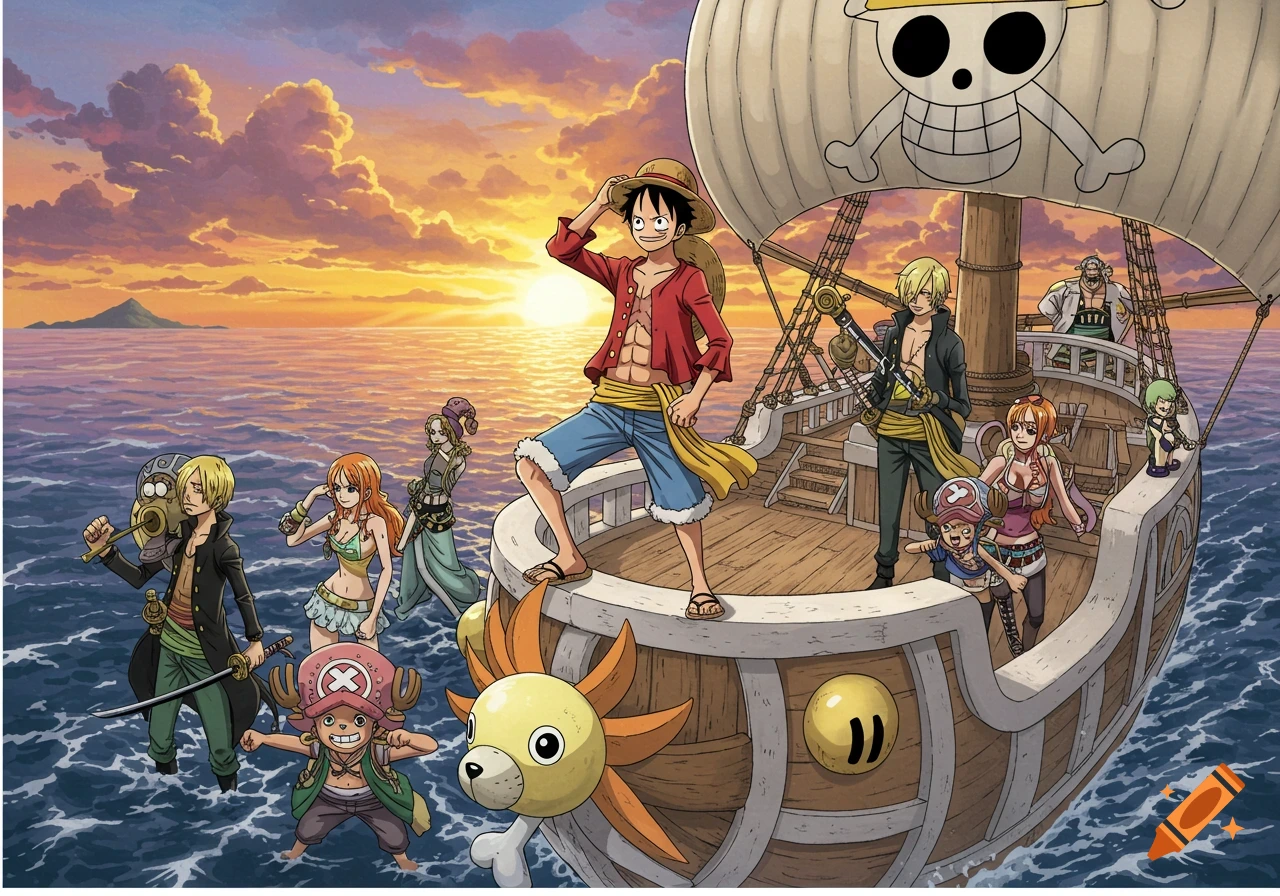 The Straw Hat Pirate crew from One Piece on their ship, with Luffy in the foreground, sailing at a vibrant sunset. on Craiyon