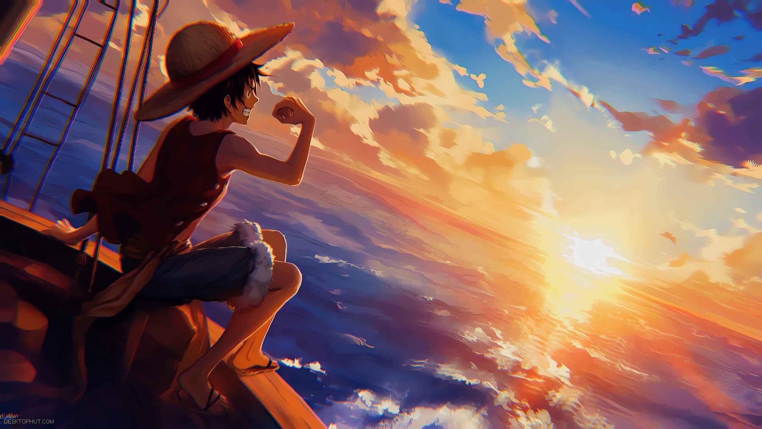Luffy Admires the Crimson Sunset from the Deck of the Ship