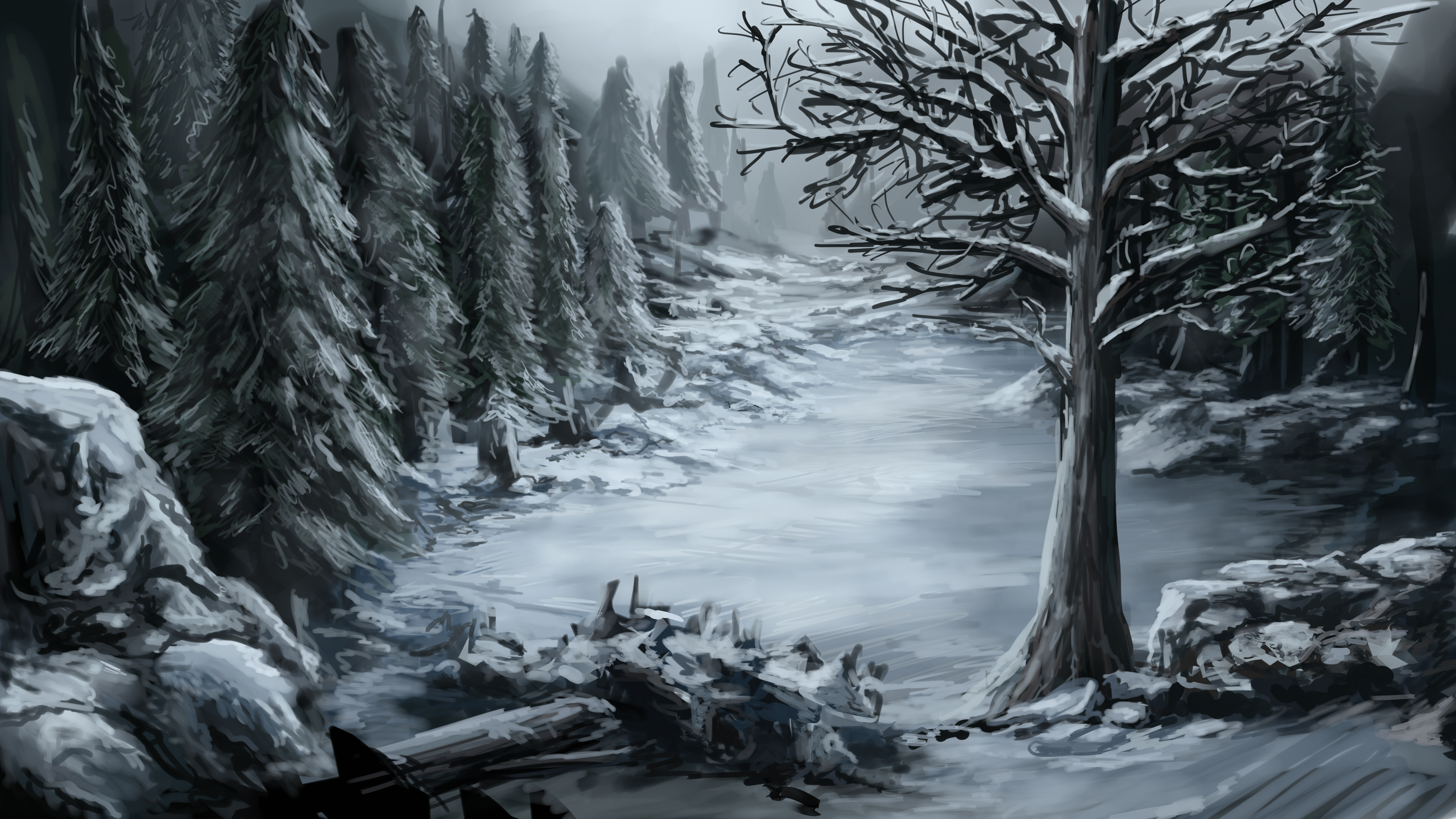 Wallpaper cold, winter, forest, snow, trees, nature, stones, art for mobile and desktop, section живопись, resolution 3840x2160