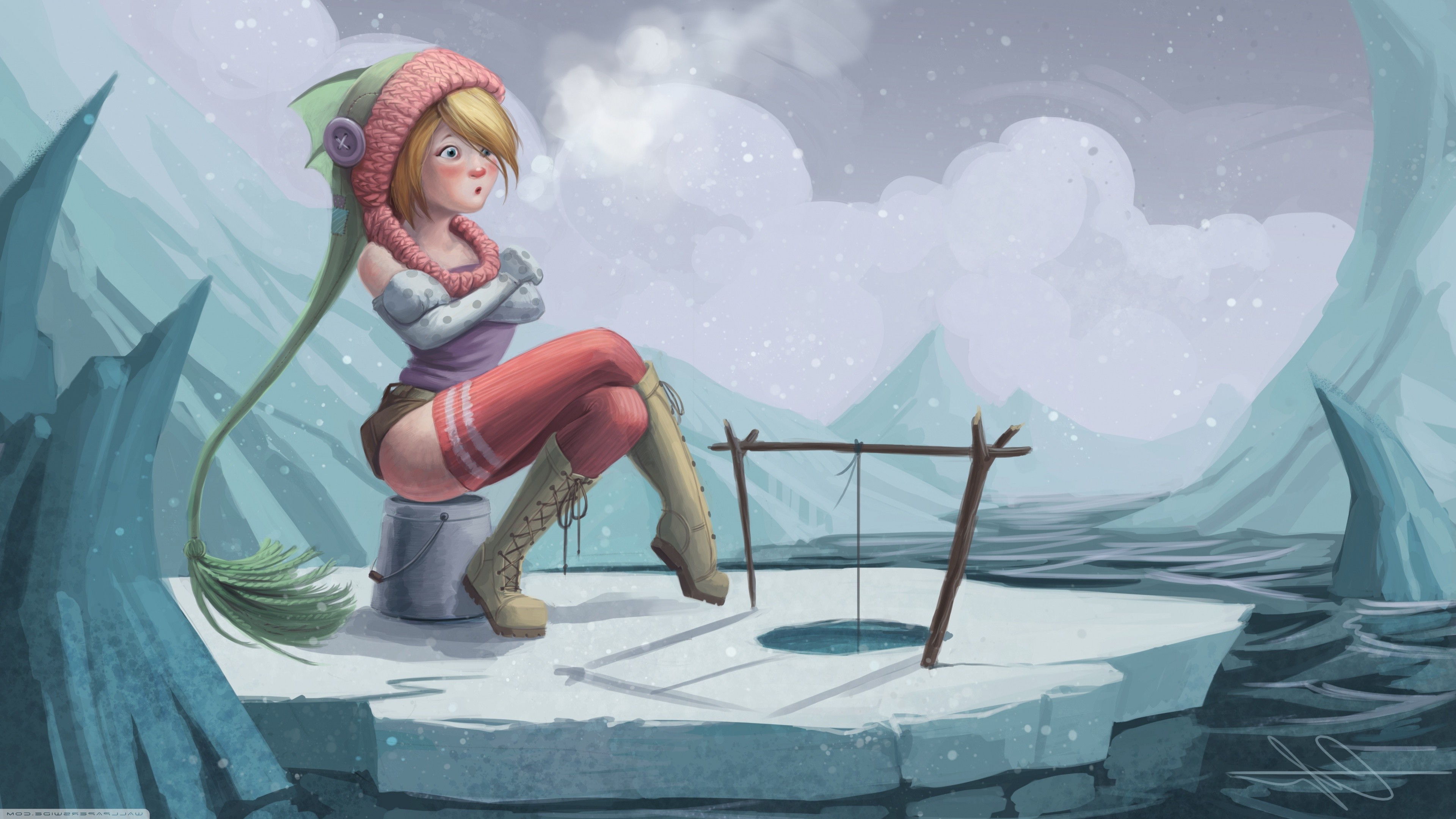 drawing, Fantasy Art, Winter, Women, Fishing Wallpaper HD / Desktop and Mobile Background