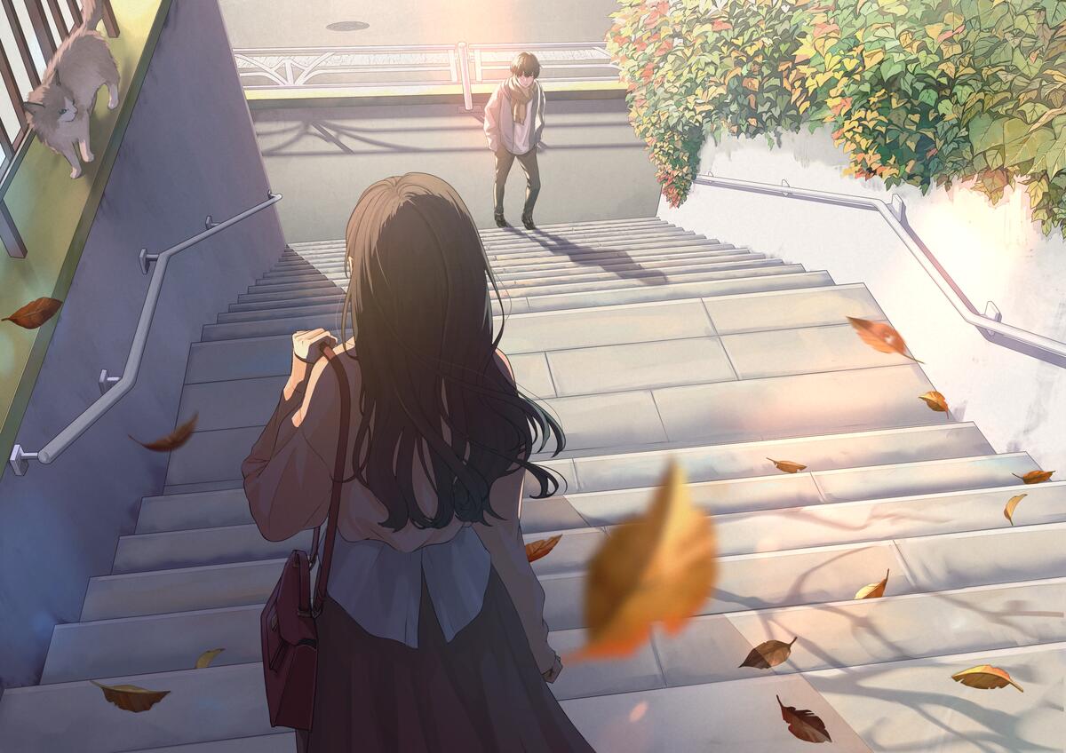 Wallpaper wallpaper anime couple stairs autumn leaves from godlike image and screensavers