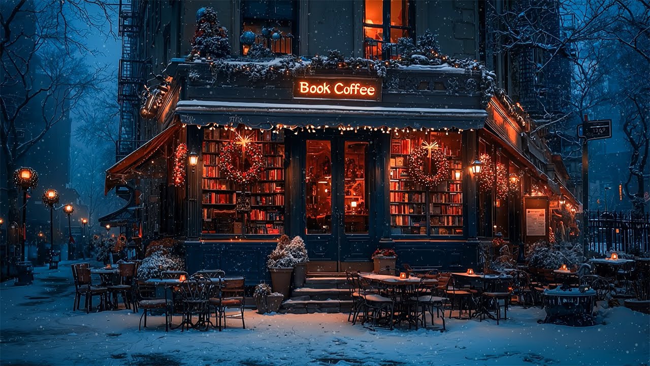 Gloomy Coffee Bookshop on a Hazy Victorian Christmas Street. Dark Academia Winter Music for Study