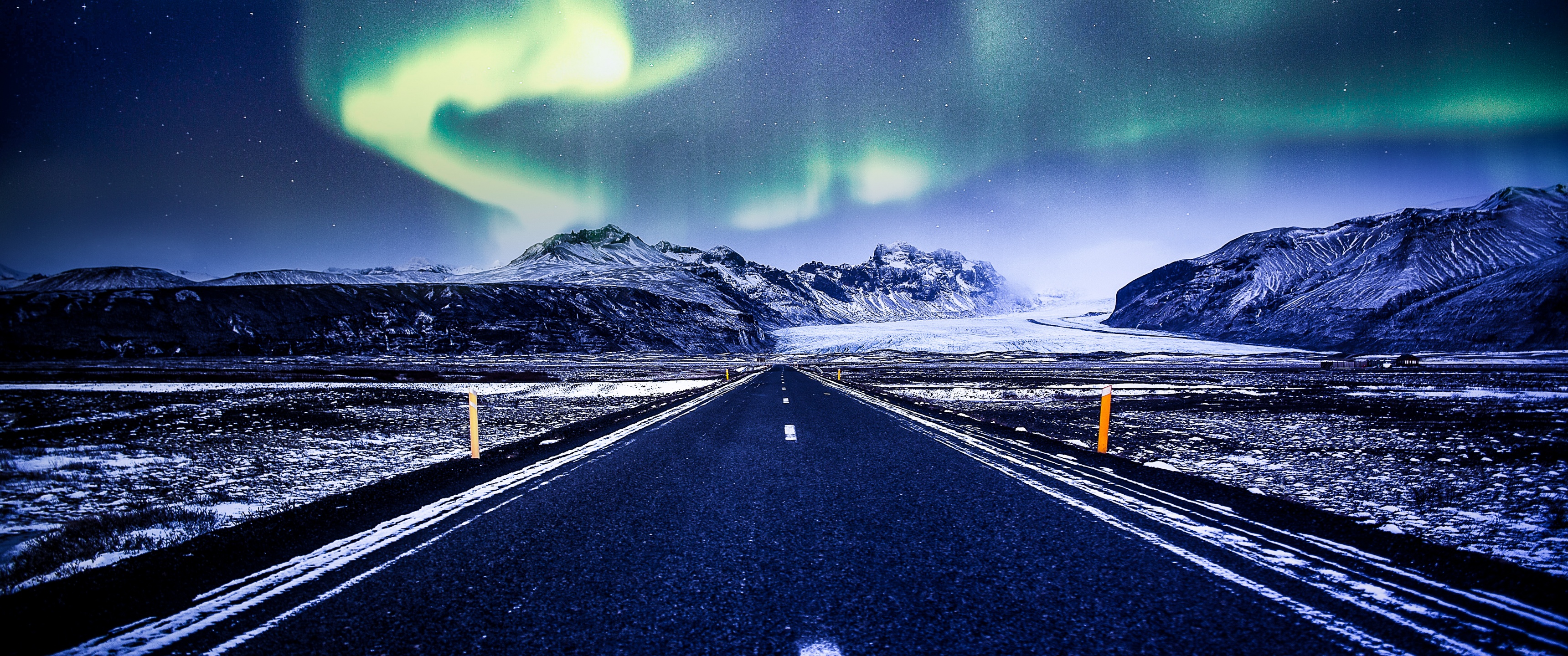Aurora Borealis Wallpaper 4K, Road, Mountains, Snow covered