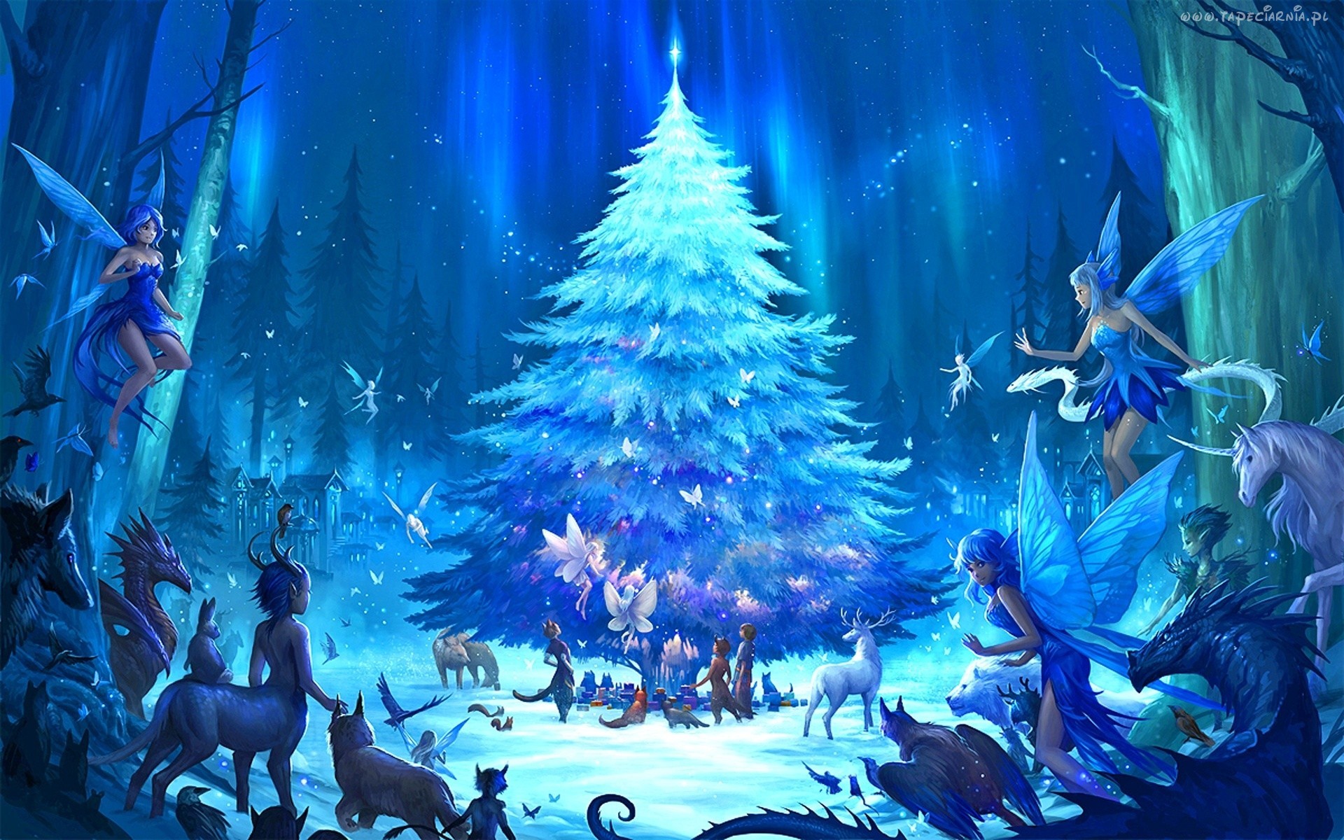 Wallpaper forest, fantasy, holiday, elf, tree, new year, anime, art for mobile and desktop, section новый год, resolution 1920x1200