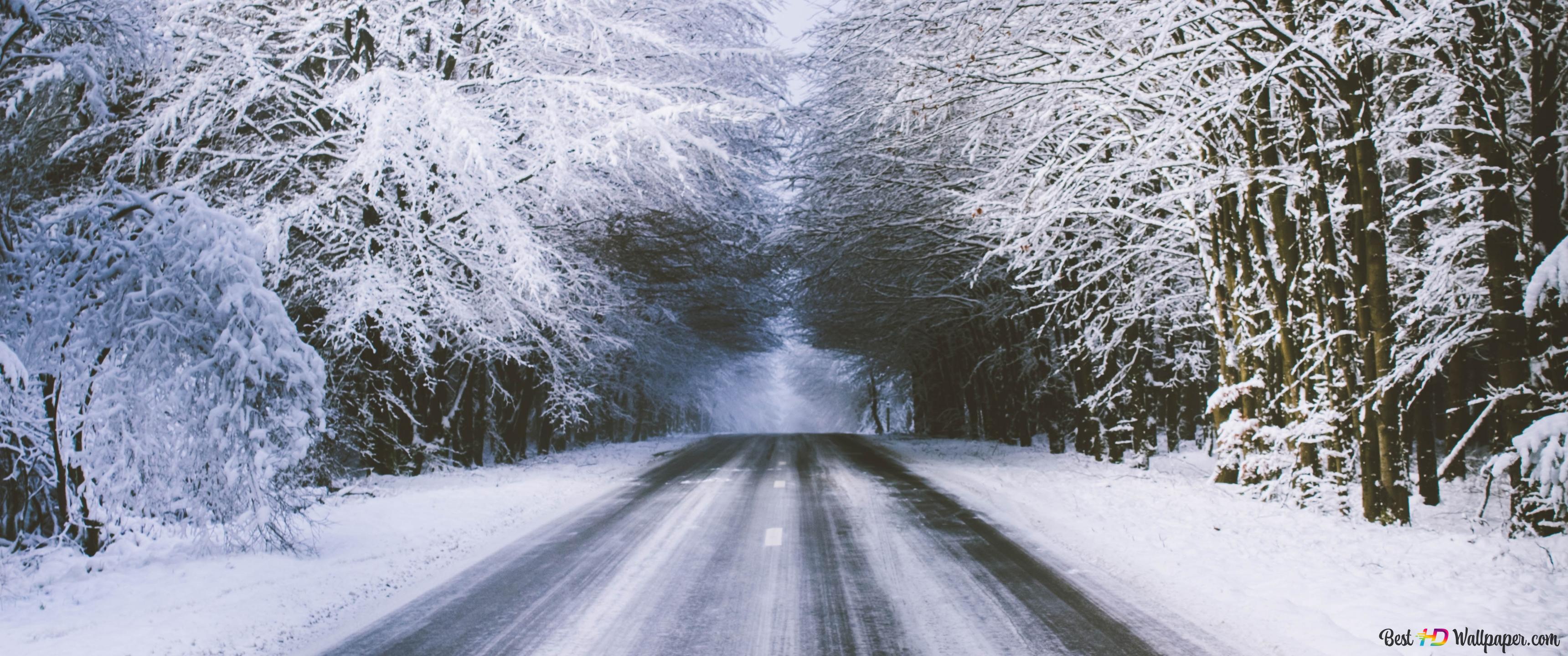 Snowy road view 2K wallpaper download