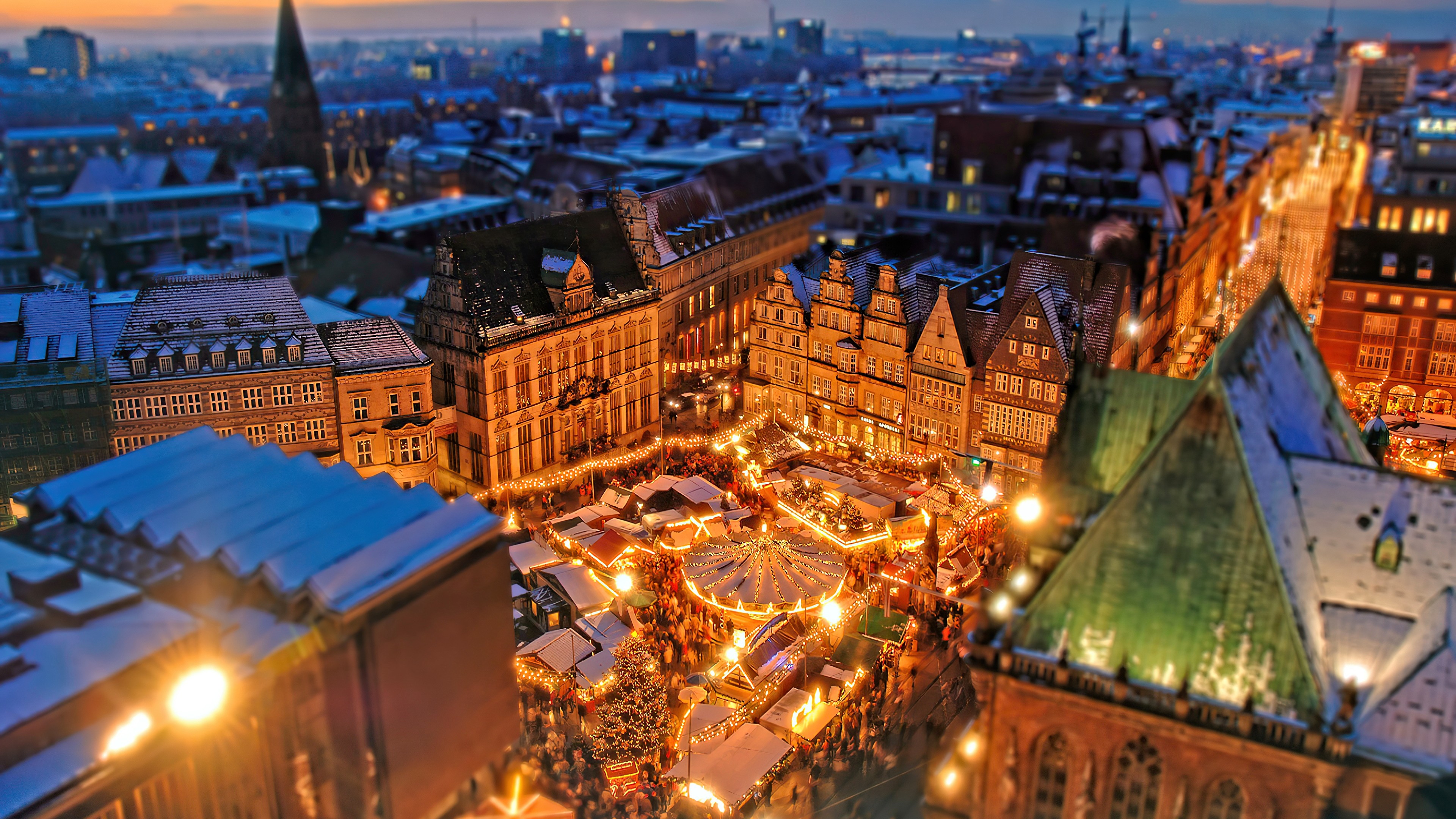 Bremen City Germany Light Night Rooftop Tilt Shift Winter 4K HD City Wallpaper