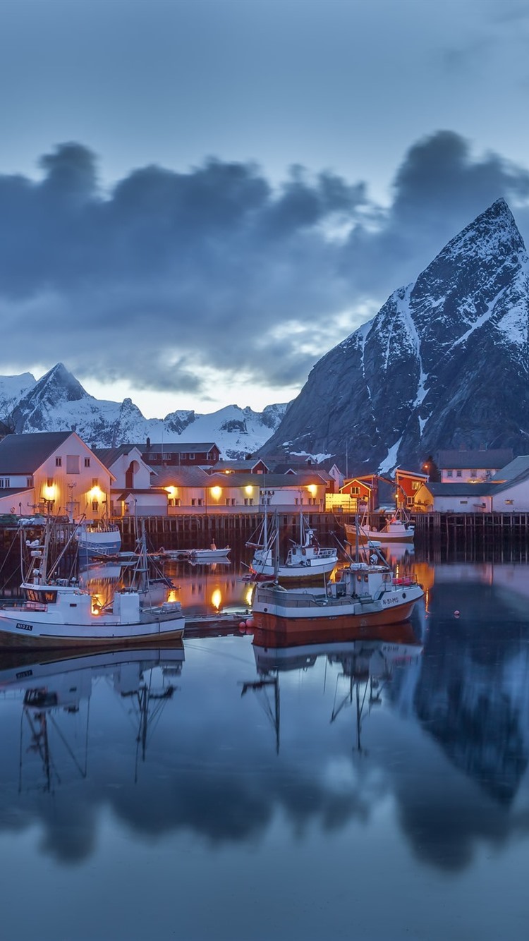 Norway, Pier, Boats, Houses, Mountains, Snow, Winter, Night 750x1334 IPhone 8 7 6 6S Wallpaper, Background, Picture, Image