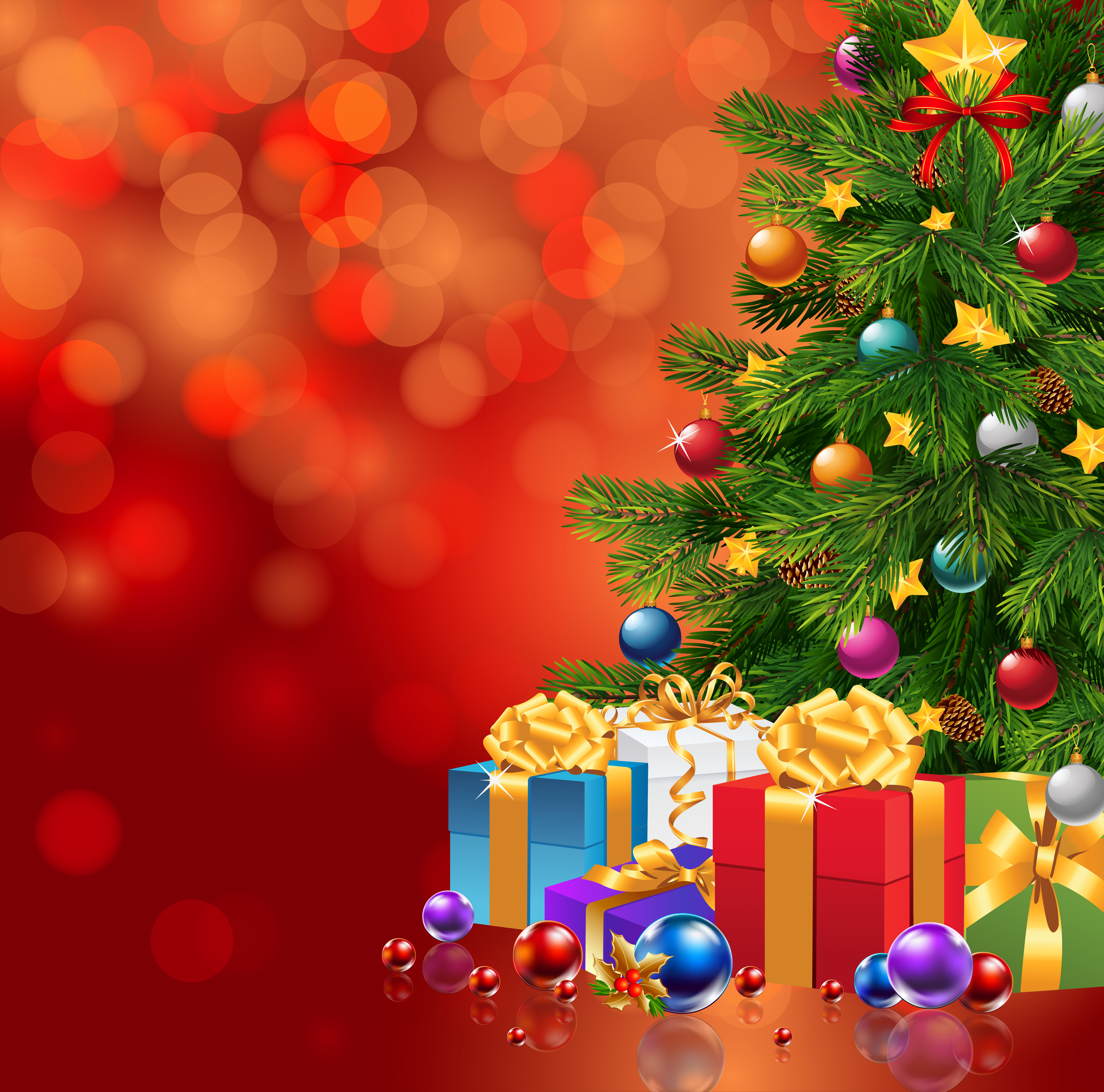 Red Christmas Background with Xmas Tree and Gifts​-Quality Free Image and Transparent PNG Clipart