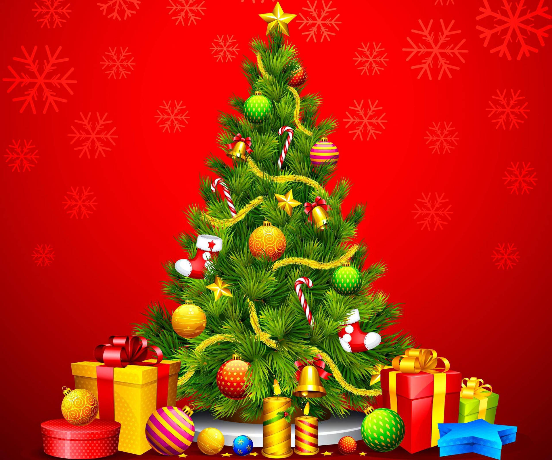 Download Elegant Christmas Tree with Decorative Red Background Wallpaper