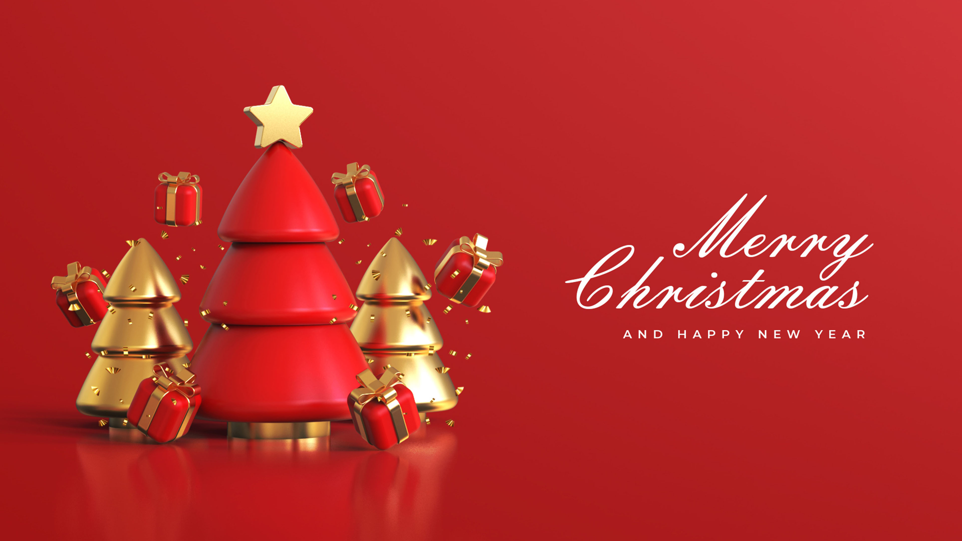 Golden Red Christmas Tree Gift Boxes Star Red Background 4K HD Christmas Wallpaper