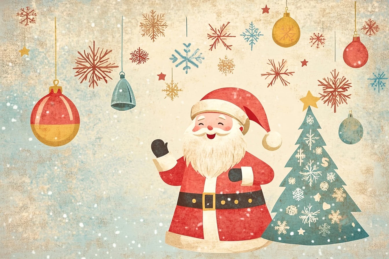 Free Picture: Old Faded Christmas And New Year's Postcard, Festive Retro Design With Santa Claus With Christmas Ornaments