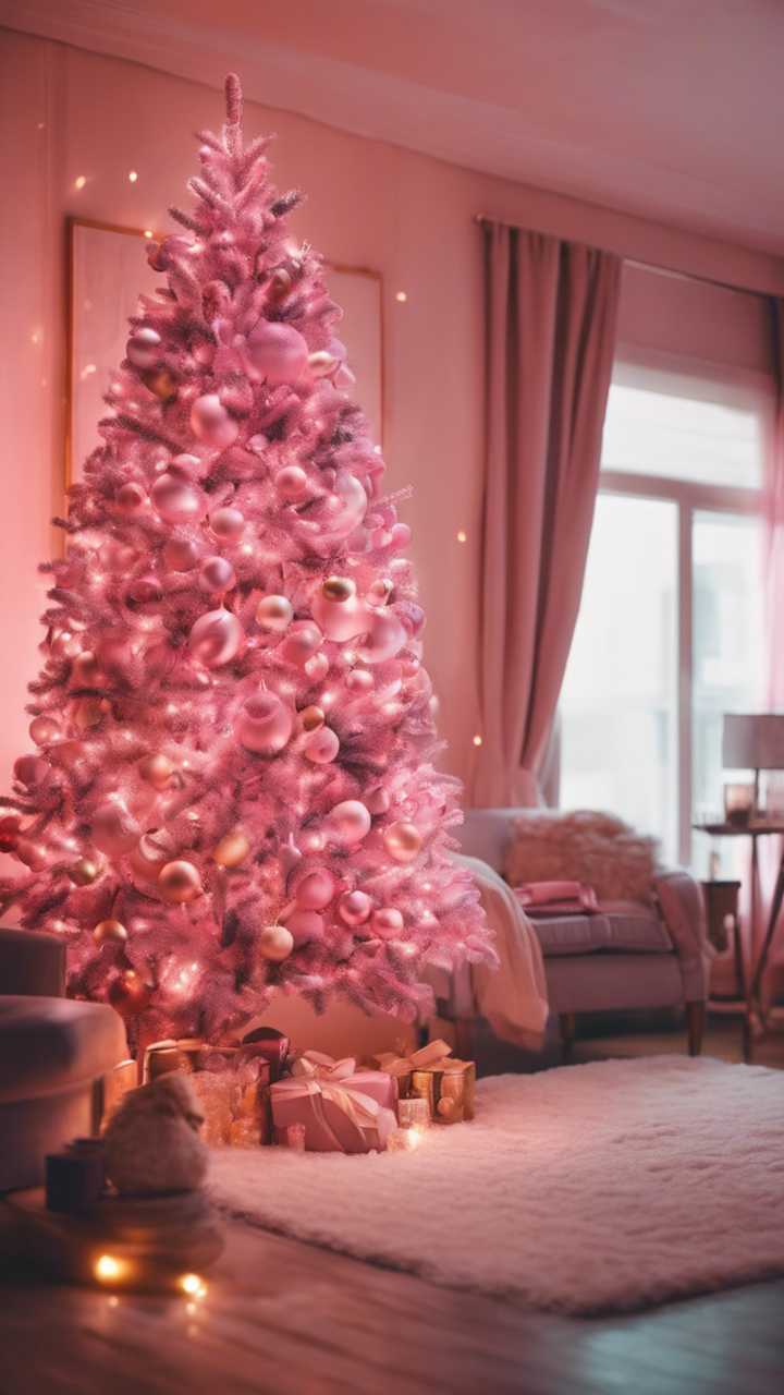 A cozy living room bathed in the warm glow of a pink Christmas tree. Wallpaper [b631f2b39f384f8fa430]