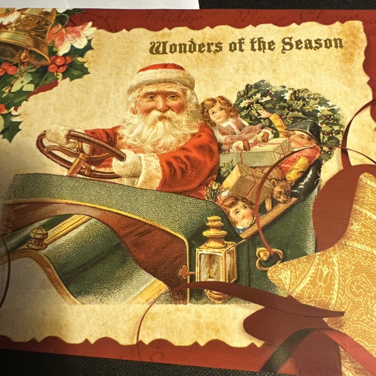Vtg Christmas Card UNUSED Santa Pop Up 3D Driving a Car Toys Victorian Style