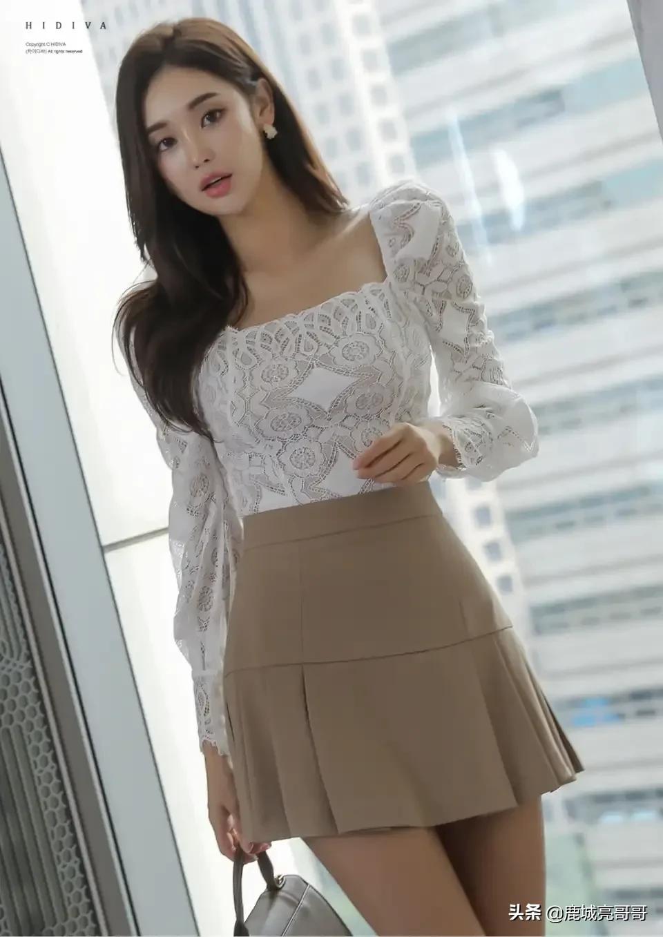 Korean Beauty Model Park Da Hyun White Cutout Check Top, Beige Short Skirt, Professional Beauty