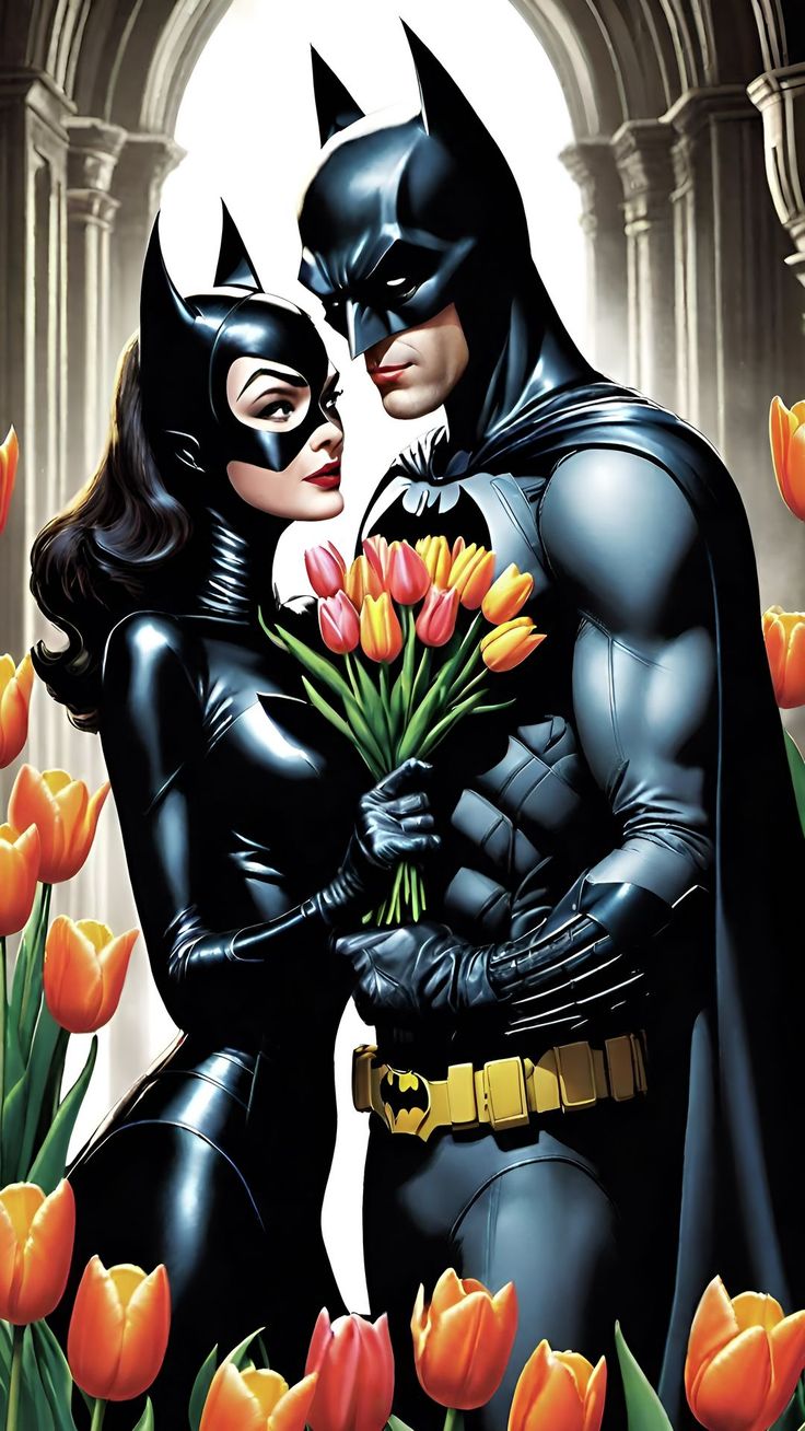 Wallpaper batman, catwoman, superheroes, tulips, flowers, love, retro, art, Animals 4K by ???ℯℯ? ℳℴ?ℯ??? ?. Download wallpaper batman, catwoman, superheroes, tulips, flowers, love, retro, art for free