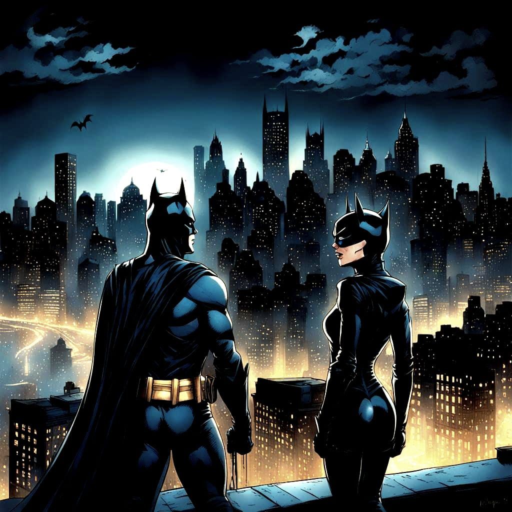 Batman and Catwoman and Catwoman Overlook Gotham in