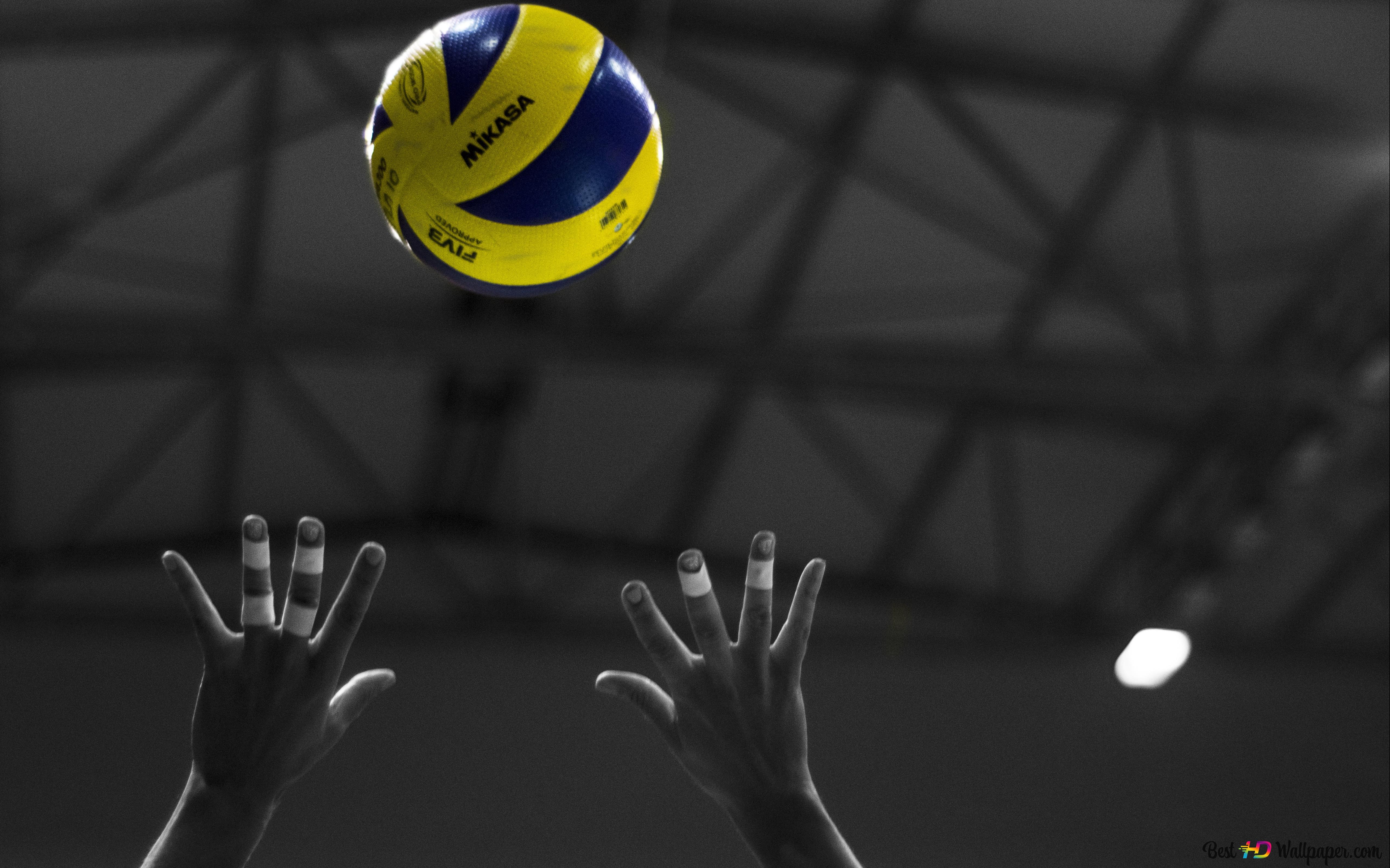 Yellow blue volleyball ball in indoor stadium 4K wallpaper download