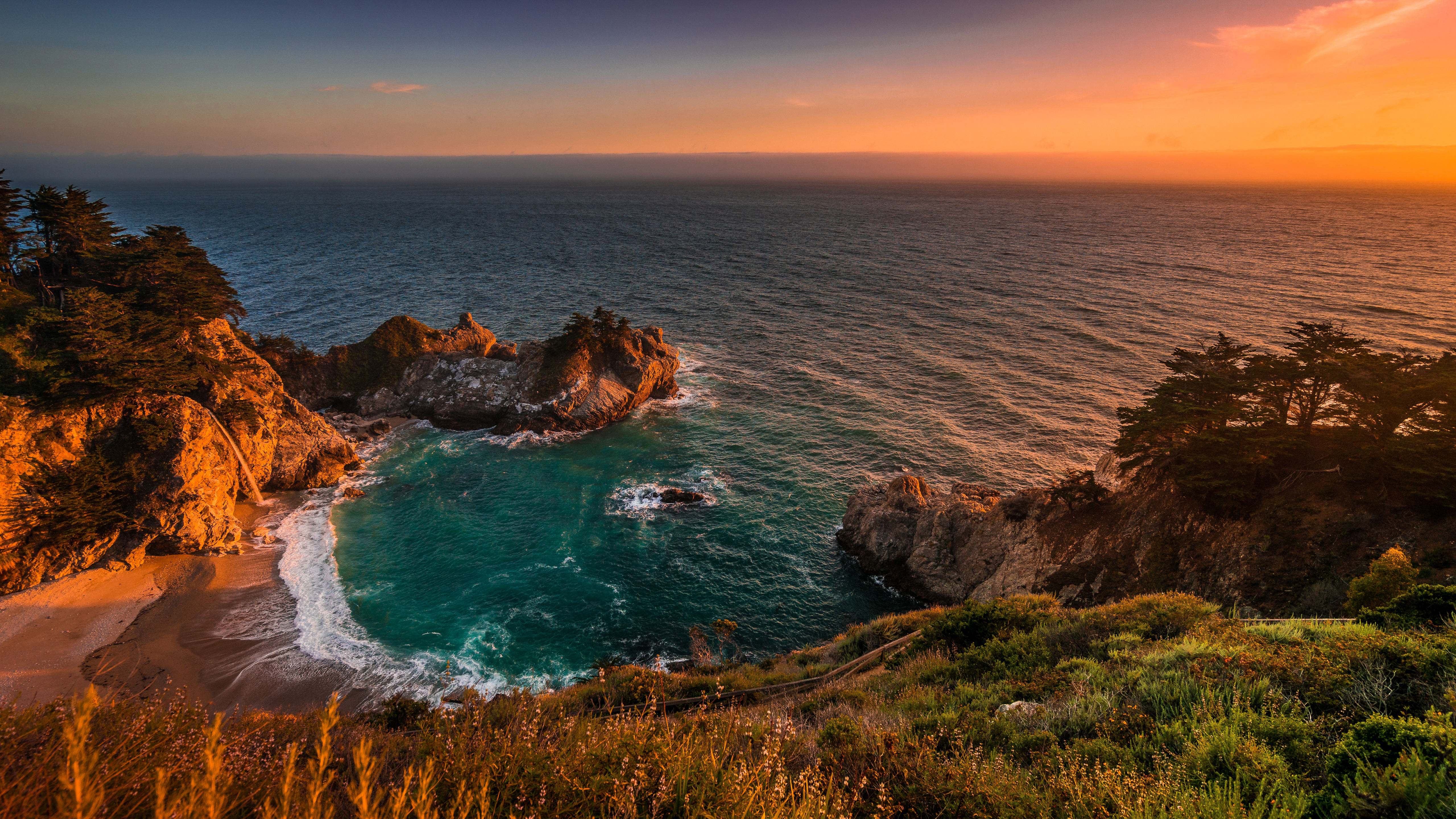 California Coast Julia Pfeiffer Burns State Park McWay Pacific Ocean With Rocks During Sunset 4K 5K HD Nature Wallpaper