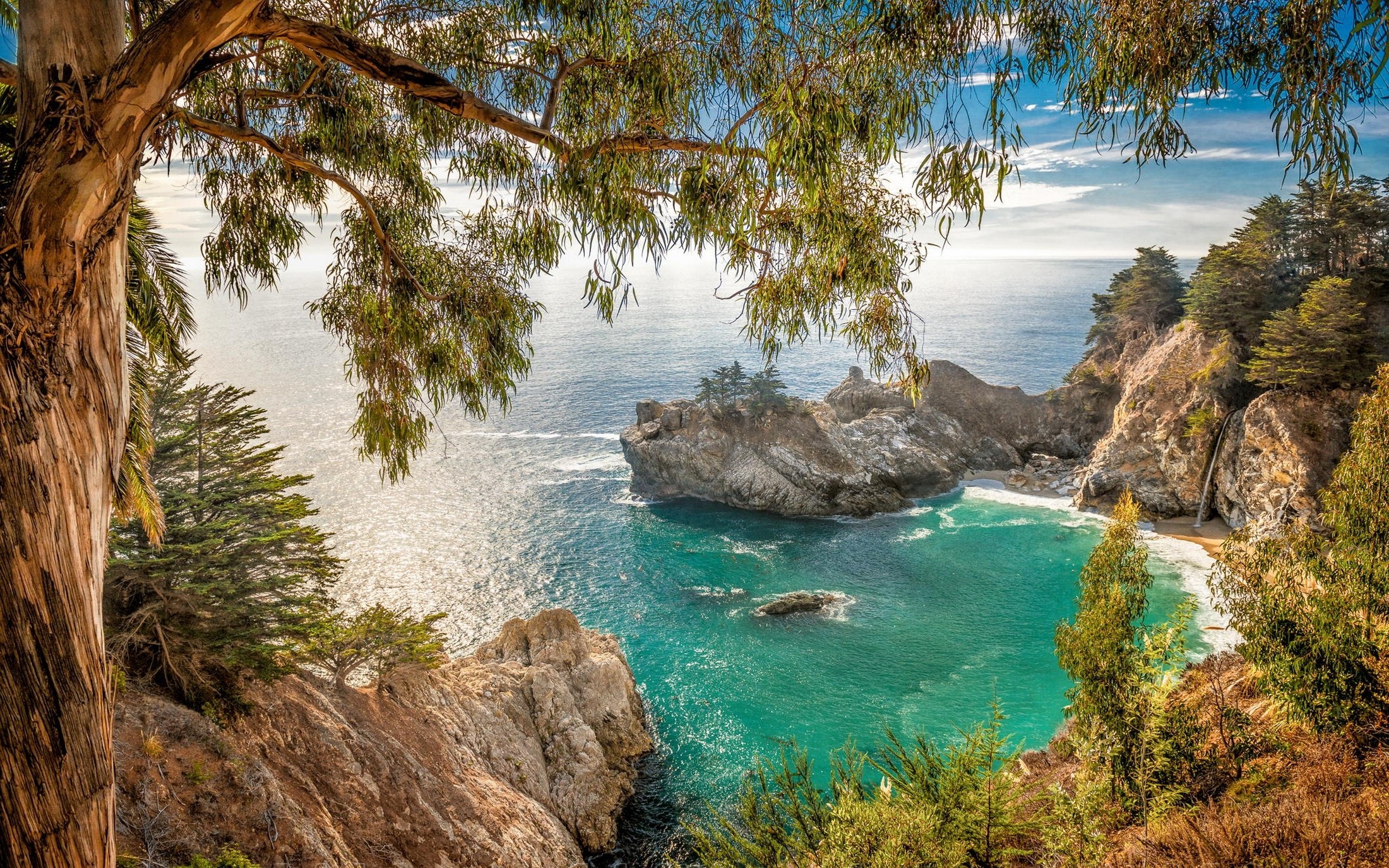 landscape, Nature, California, Beach, Coves, Waterfall, Coast, Sea, Trees, Shrubs, Rock Wallpaper HD / Desktop and Mobile Background