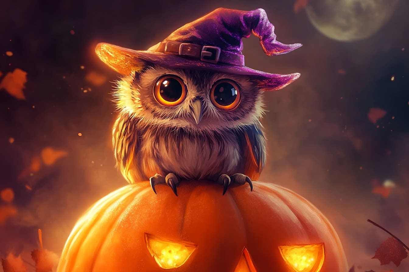 Free picture: A cute Halloween owl wearing a witch's hat sitting on a pumpkin