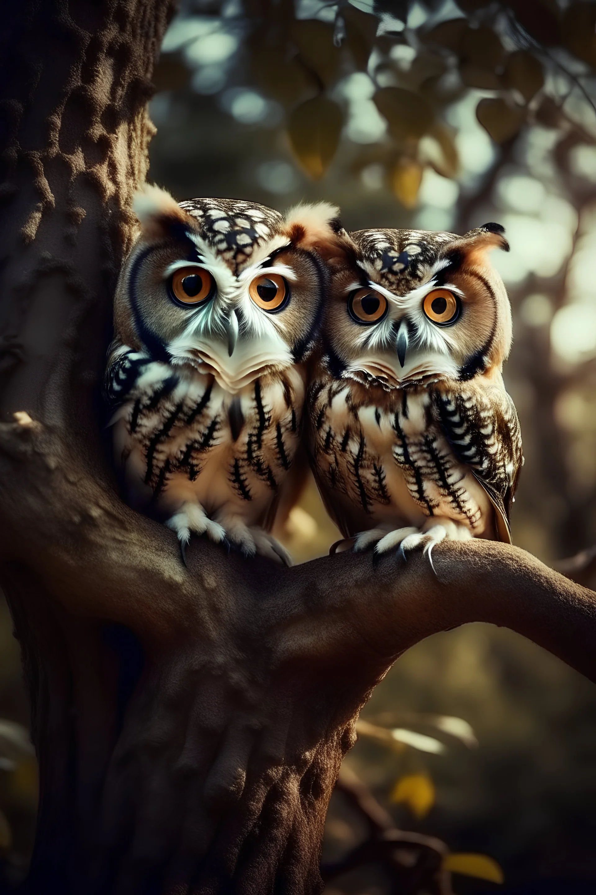 Photography of realistic owls in a tr